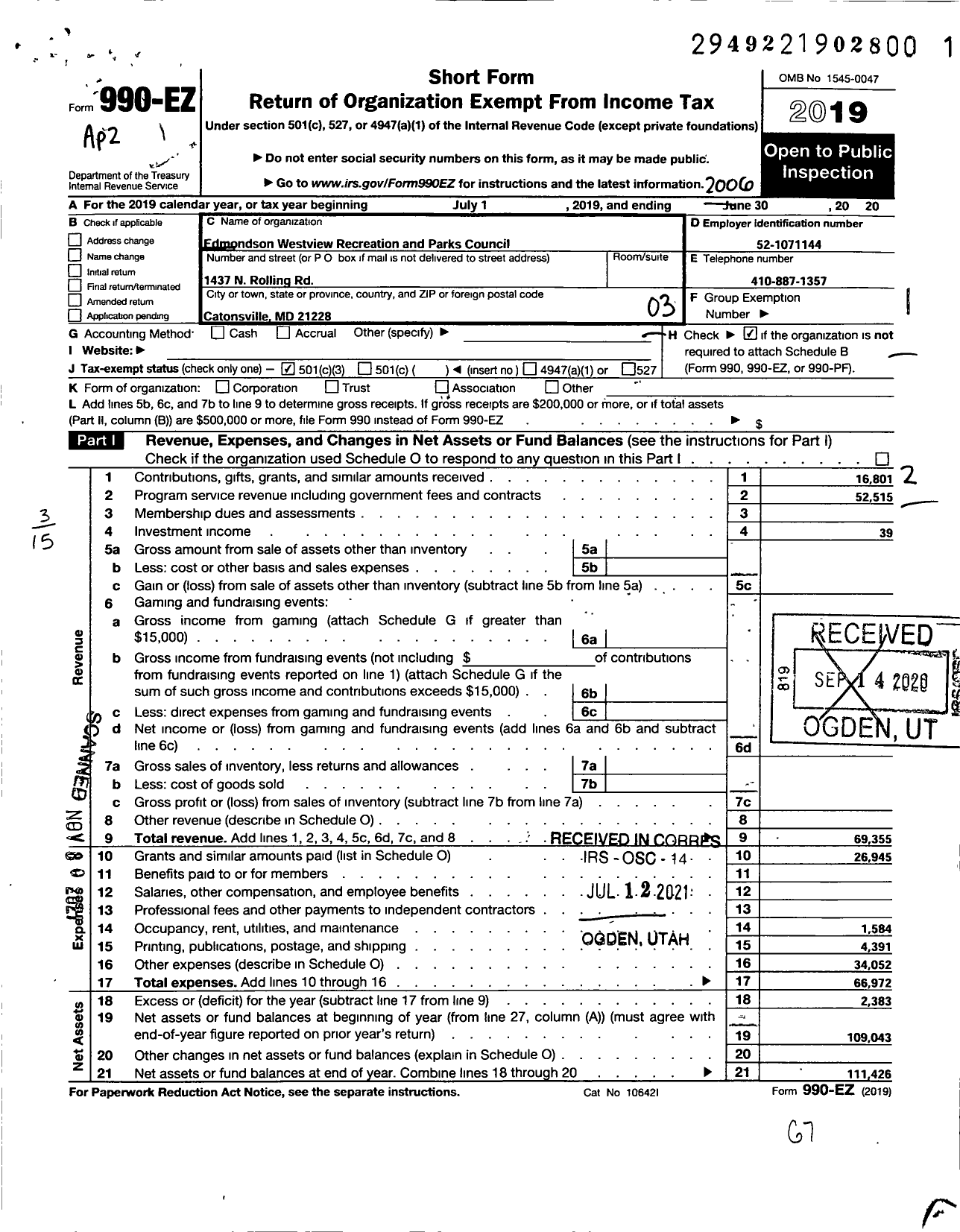 Image of first page of 2019 Form 990EZ for Edmondson Westview Recreation and Park Council