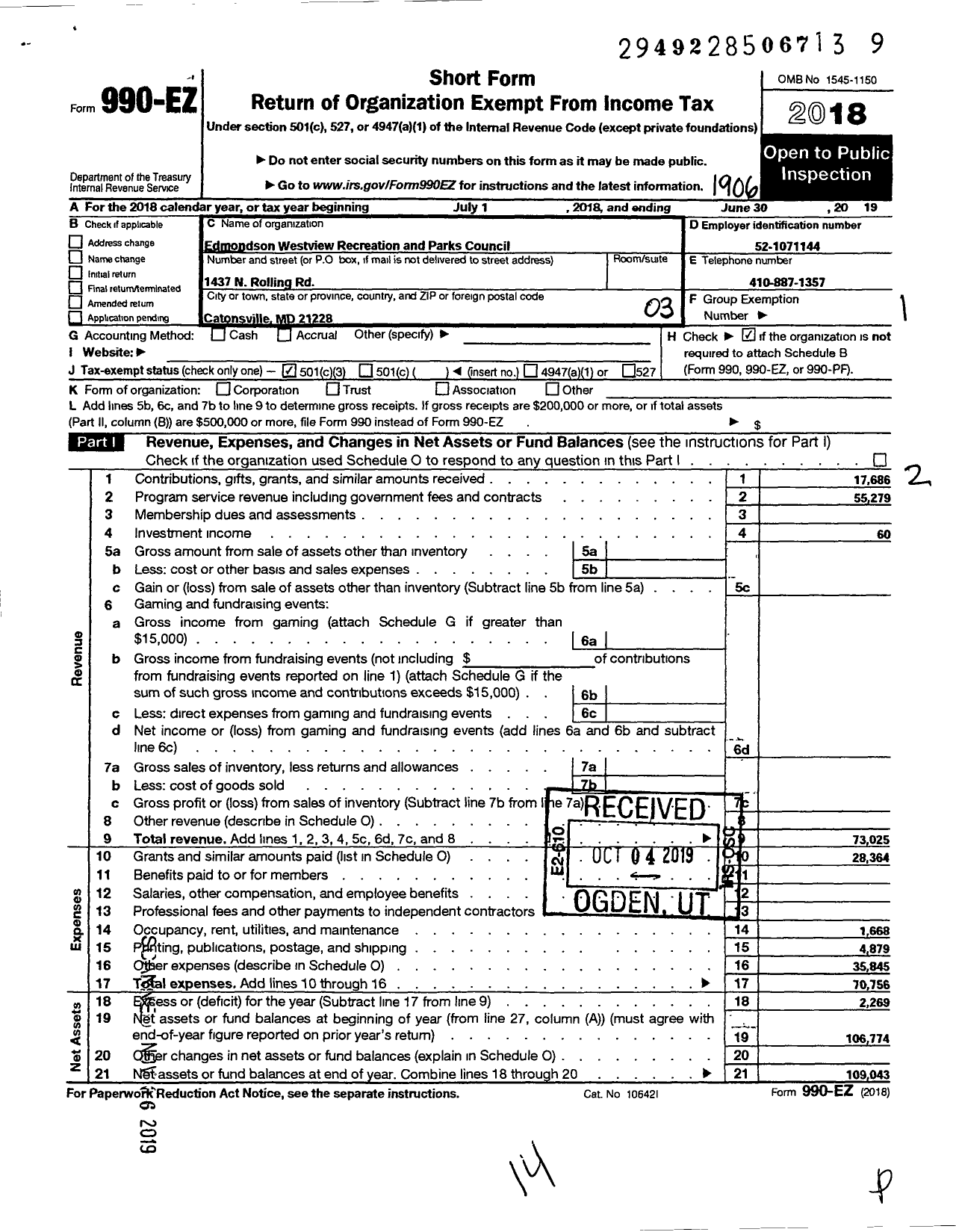 Image of first page of 2018 Form 990EZ for Edmondson Westview Recreation and Park Council