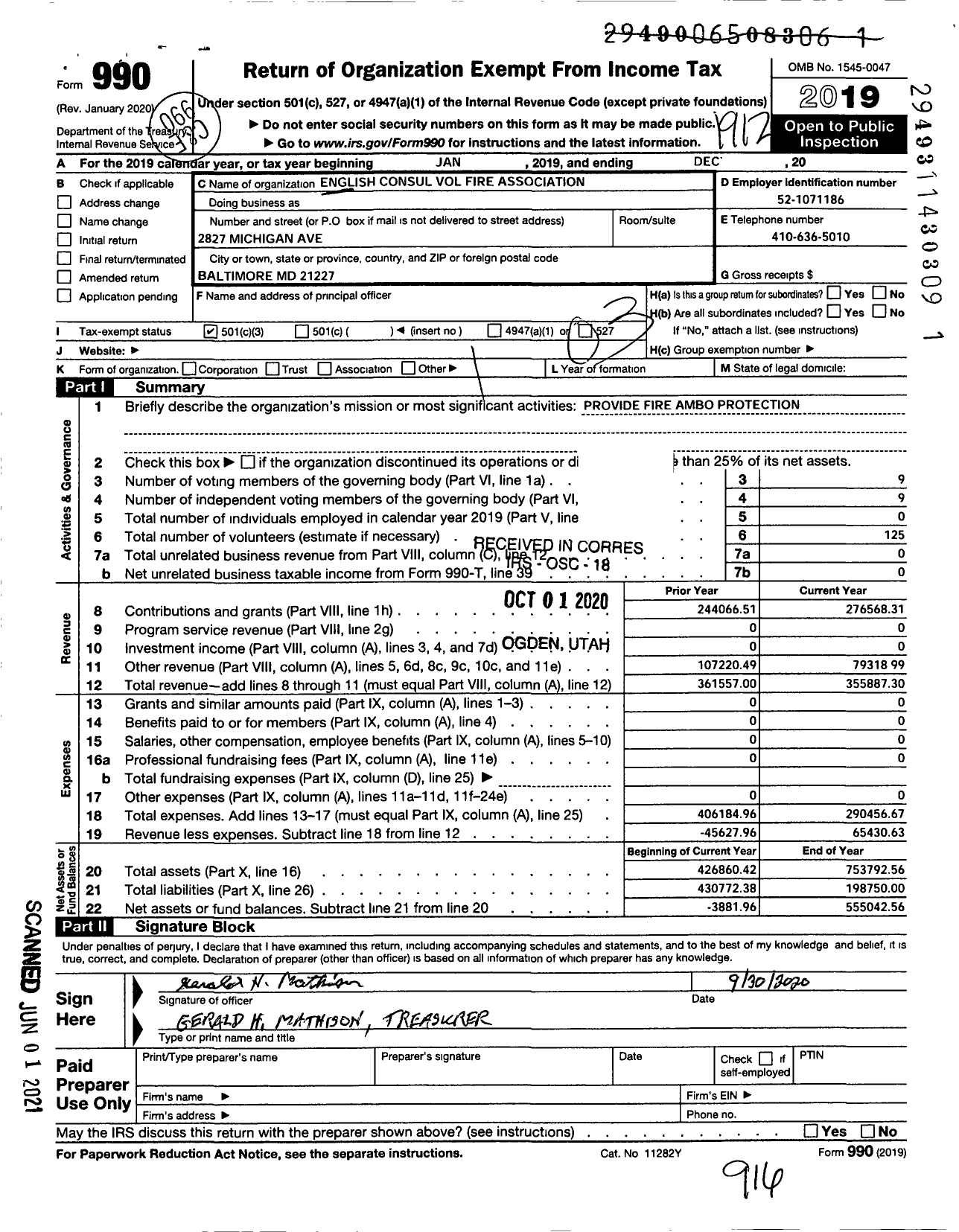 Image of first page of 2019 Form 990 for English Consul Volunteer Fire Association