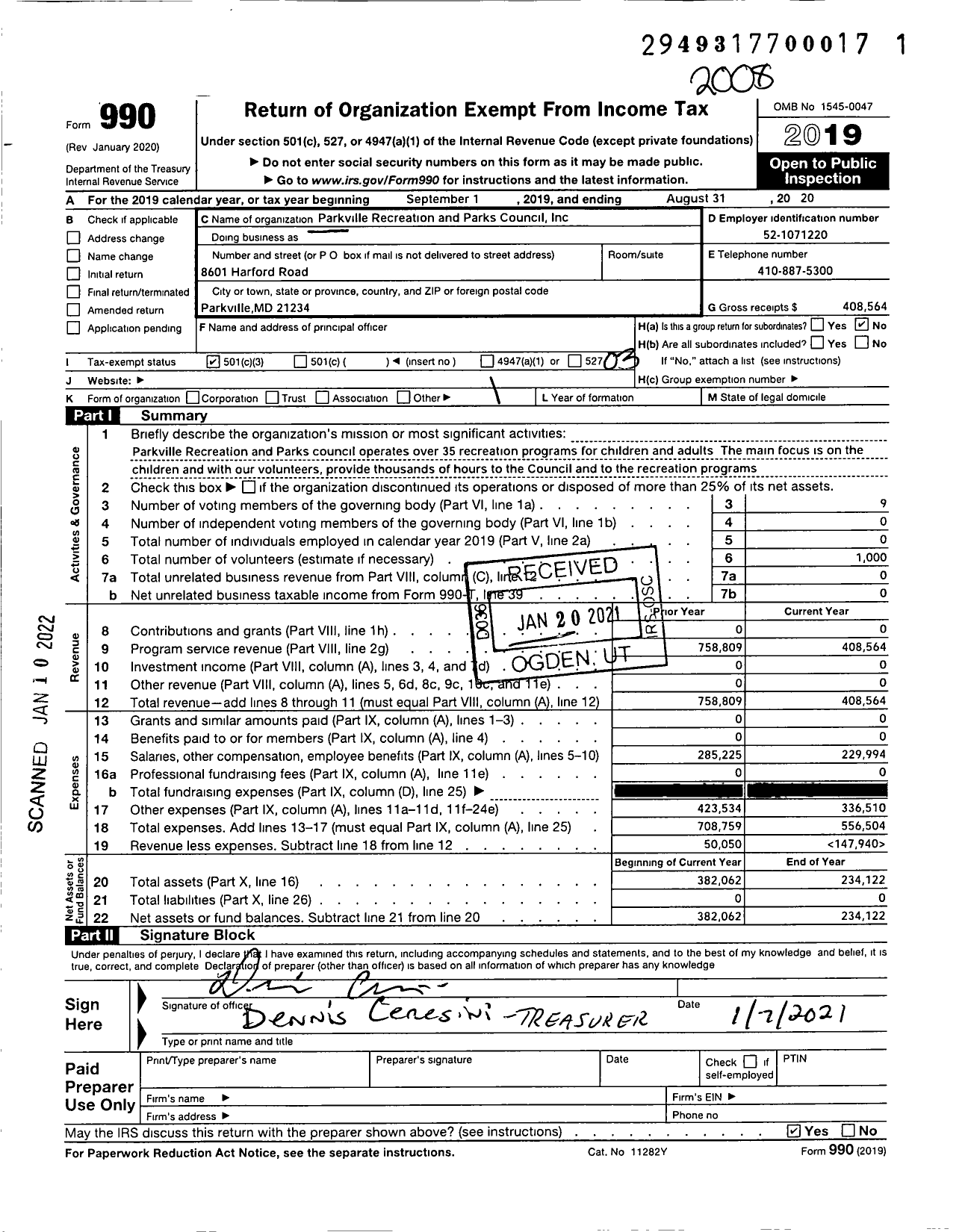 Image of first page of 2019 Form 990 for Parkville Recreation and Parks Council