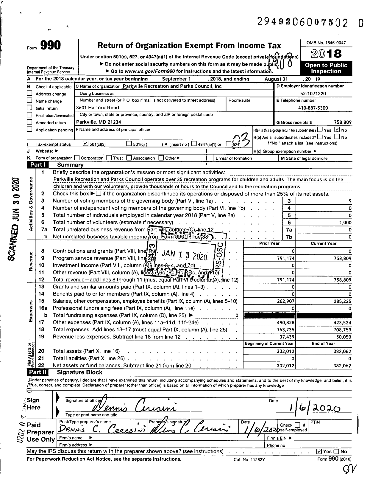 Image of first page of 2018 Form 990 for Parkville Recreation and Parks Council