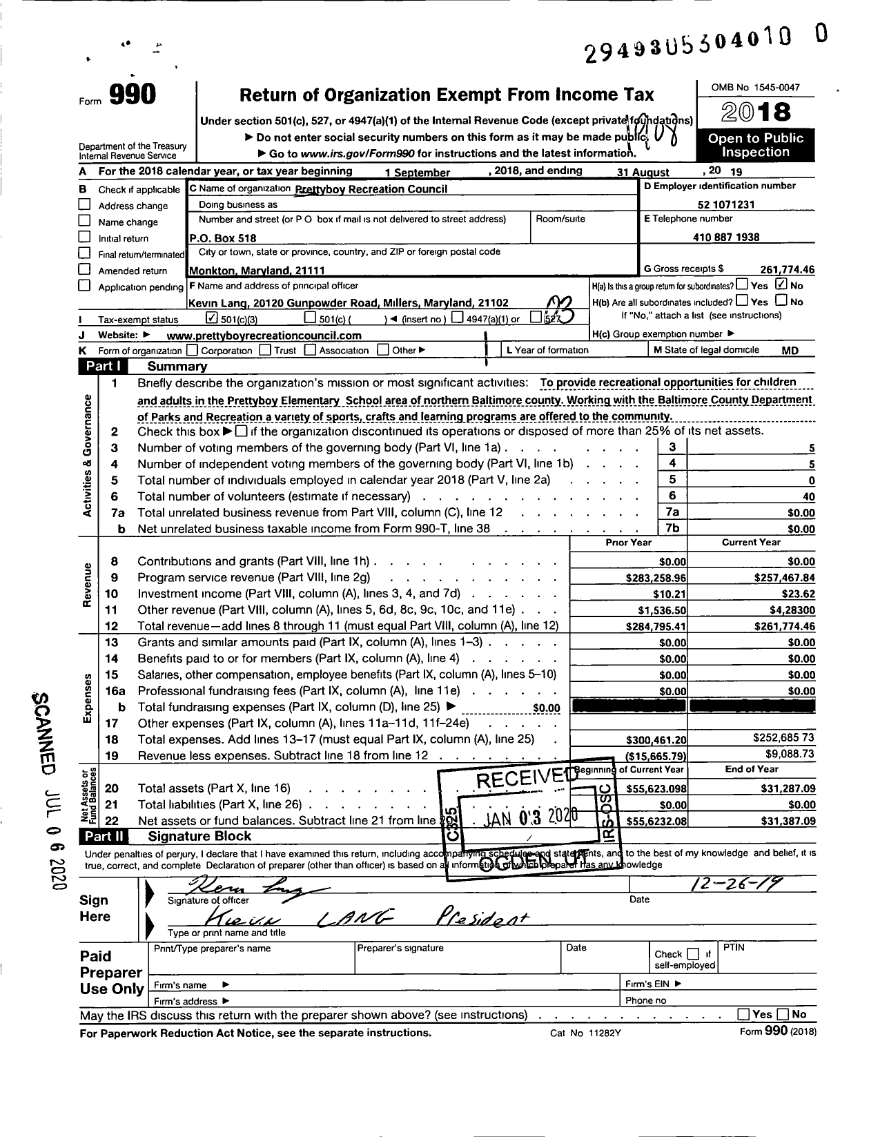 Image of first page of 2018 Form 990 for Prettyboy Recreation Council