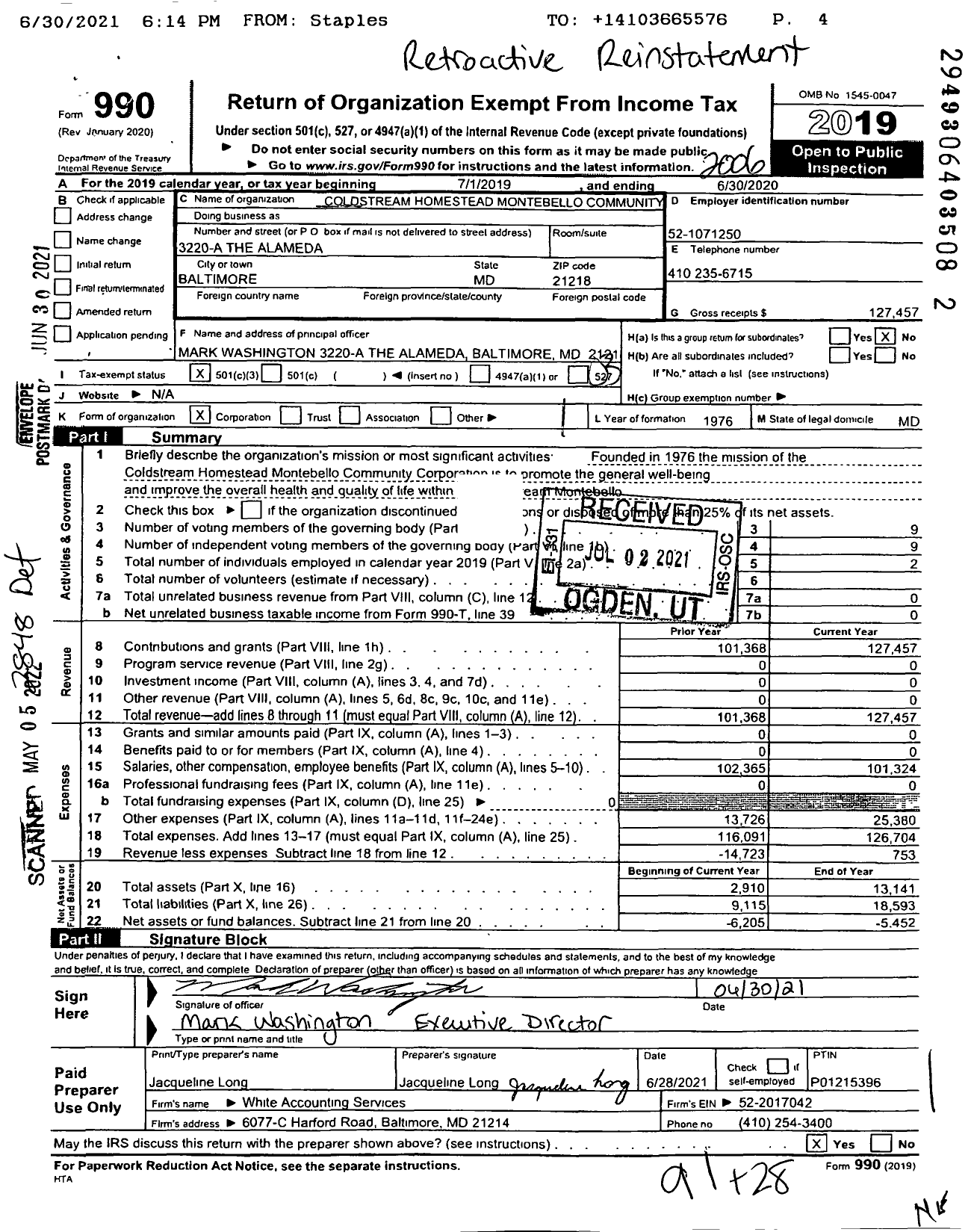 Image of first page of 2019 Form 990 for Coldstream Homestead Montebello Community Corporation