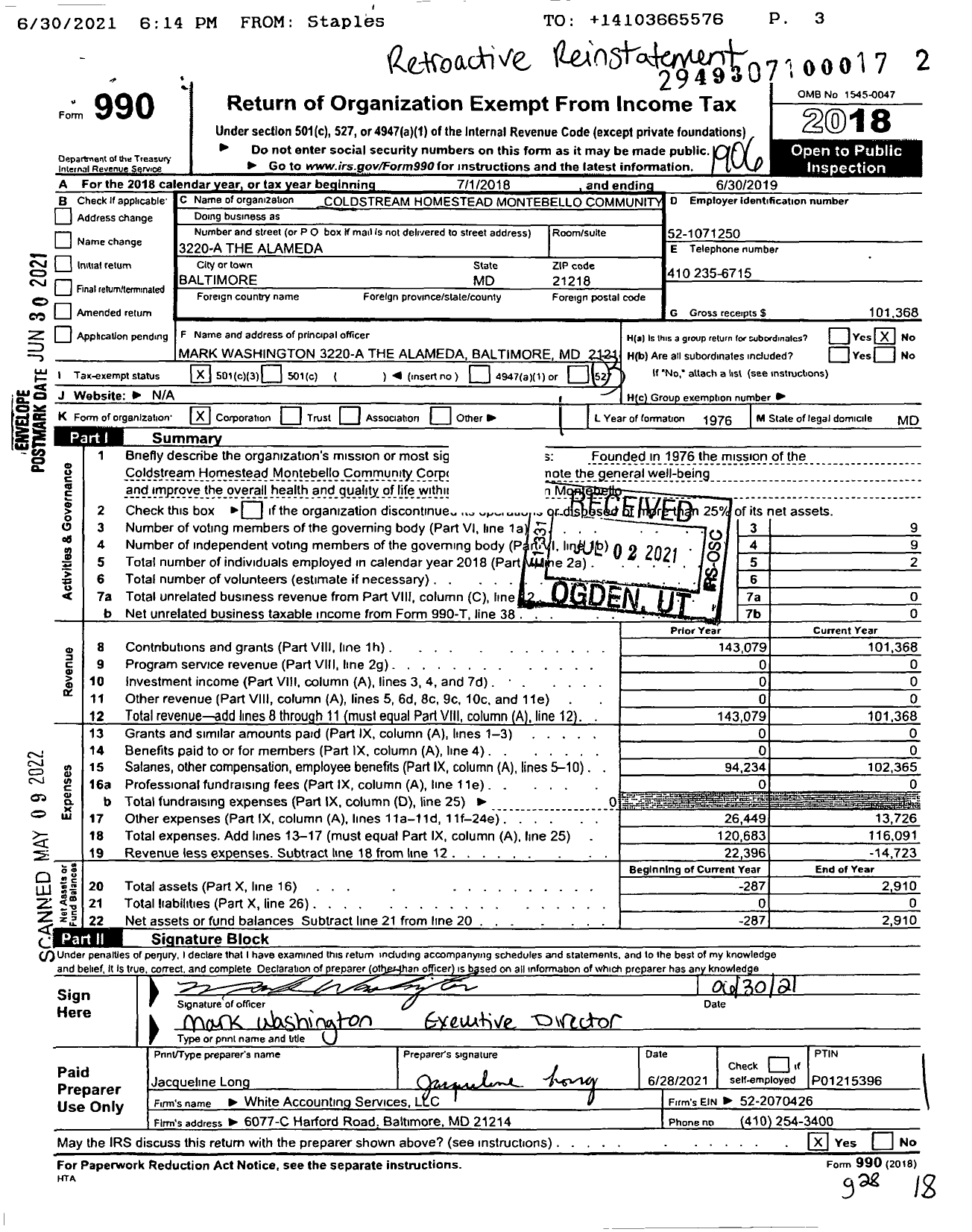 Image of first page of 2018 Form 990 for Coldstream Homestead Montebello Community Corporation