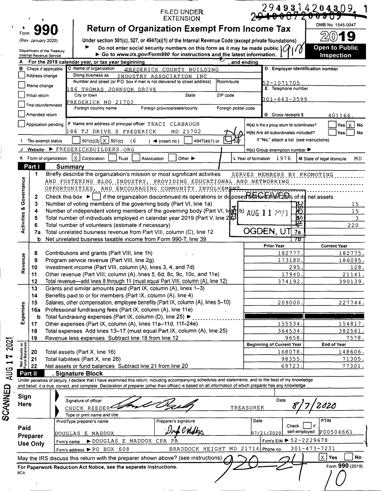 Image of first page of 2019 Form 990O for Frederick County Building Industry Association