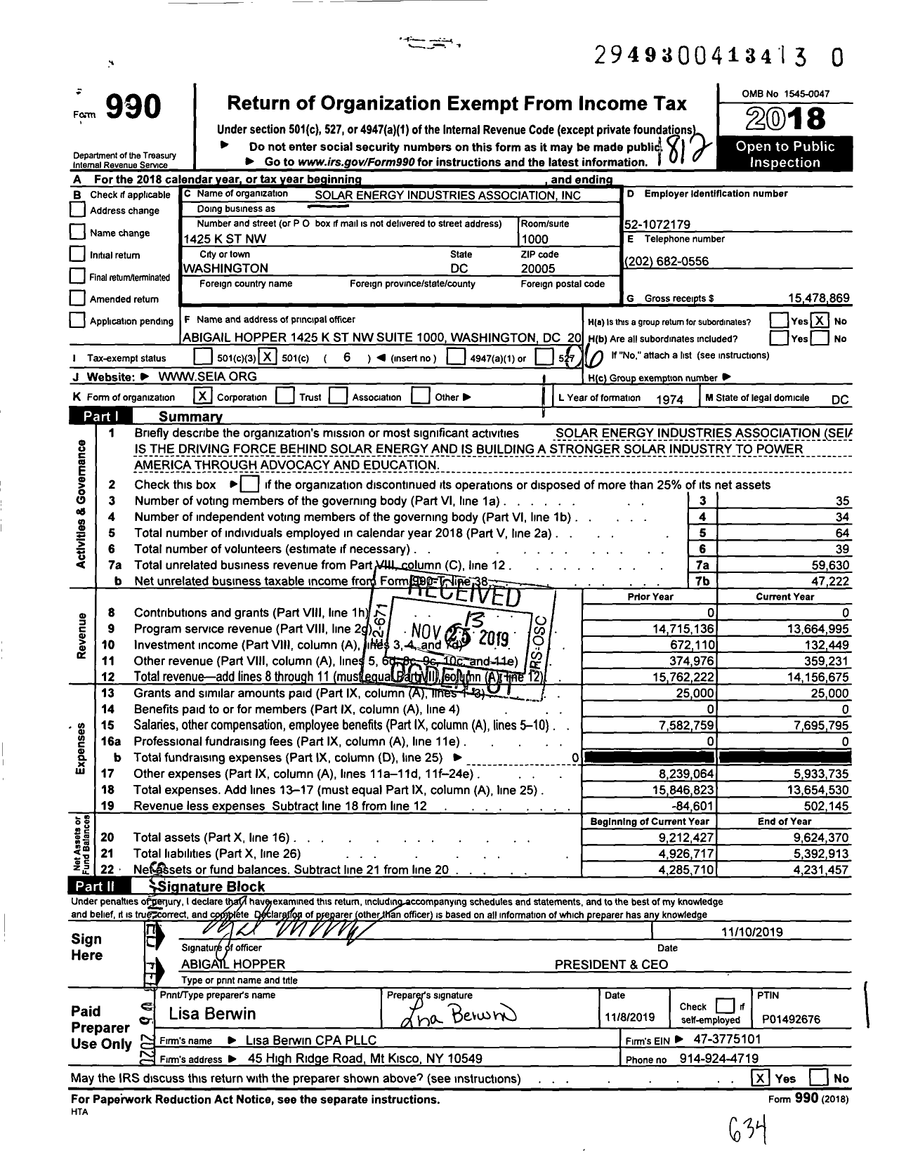Image of first page of 2018 Form 990O for Solar Energy Industries Association (SEIA)