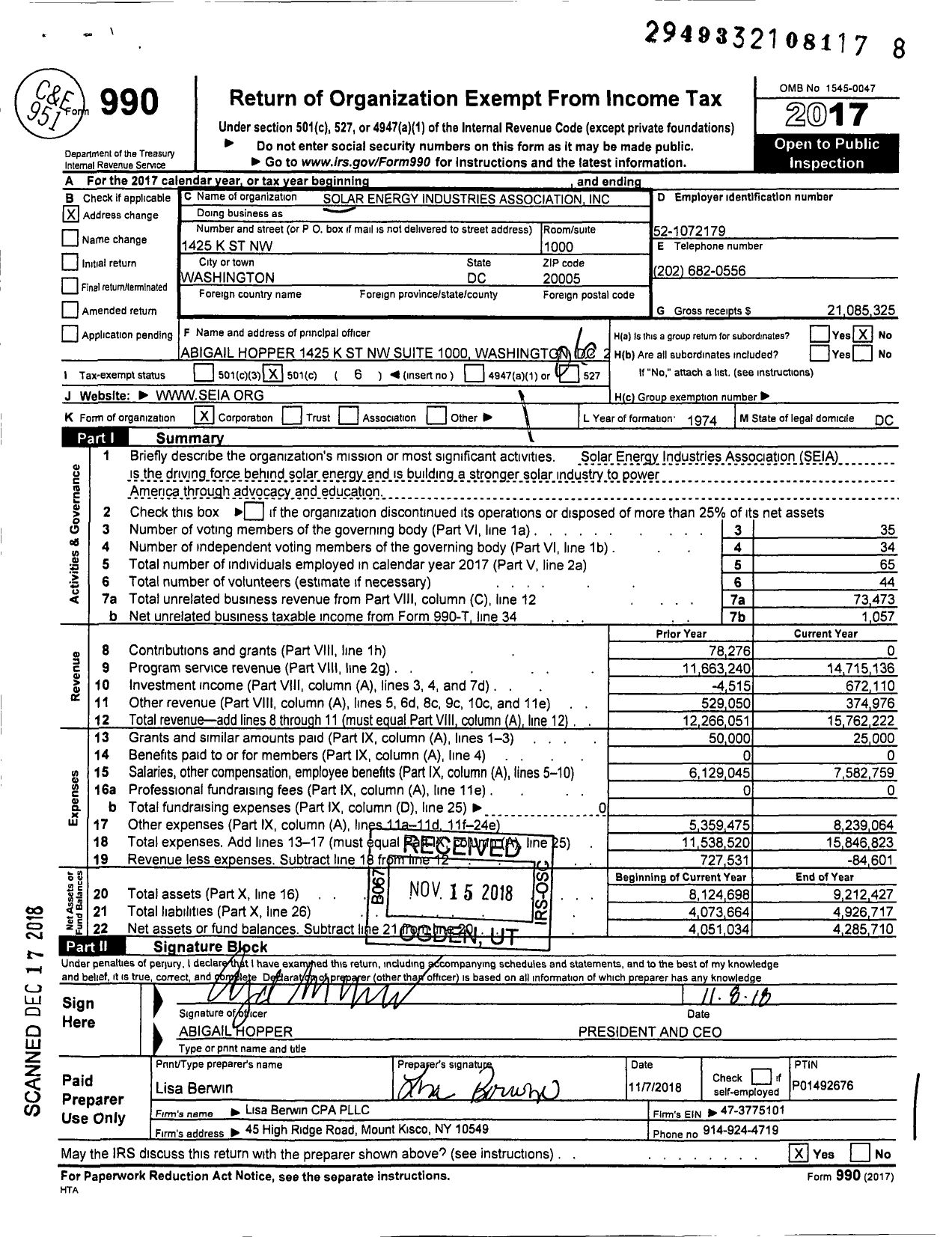 Image of first page of 2017 Form 990O for Solar Energy Industries Association (SEIA)