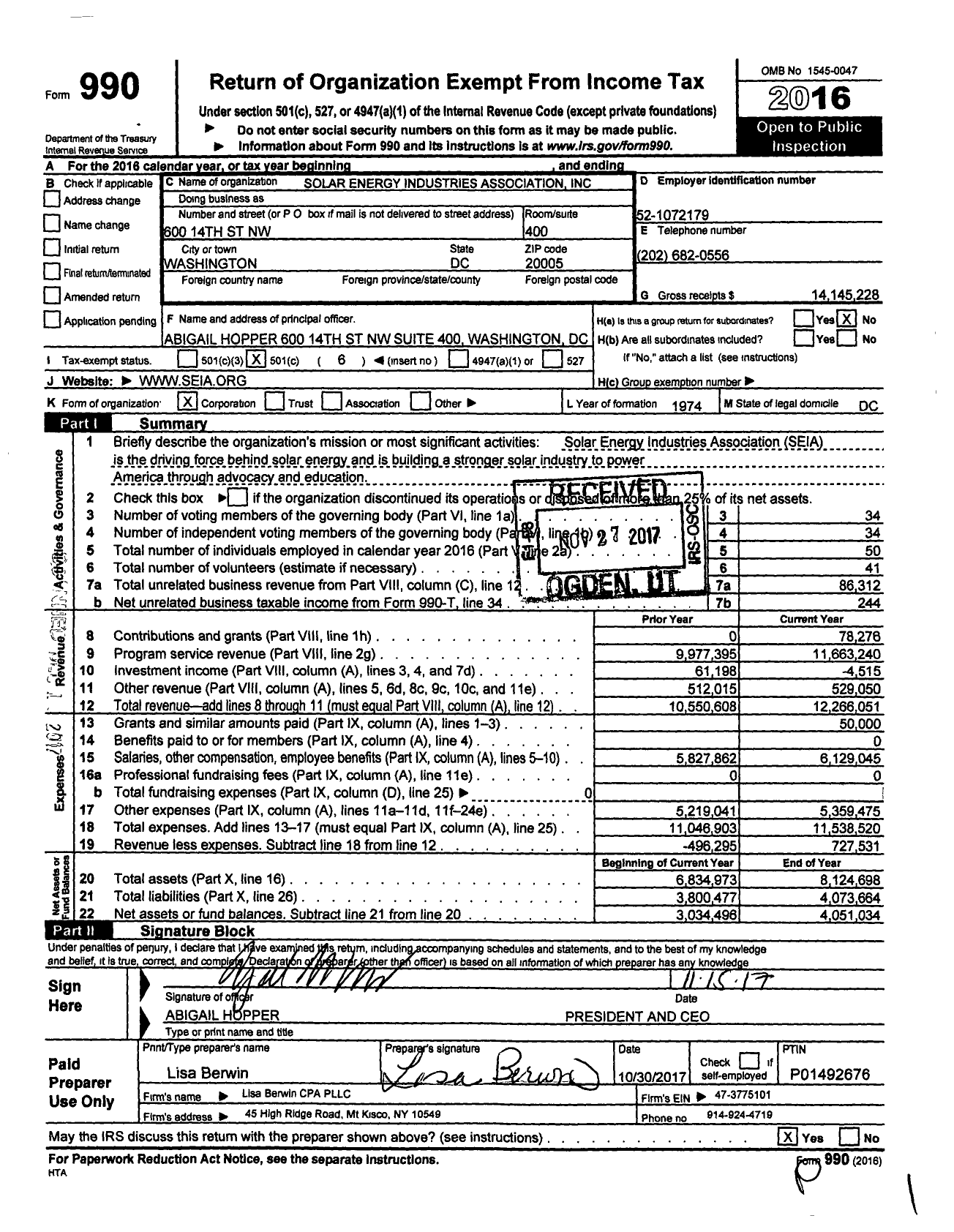 Image of first page of 2016 Form 990O for Solar Energy Industries Association (SEIA)