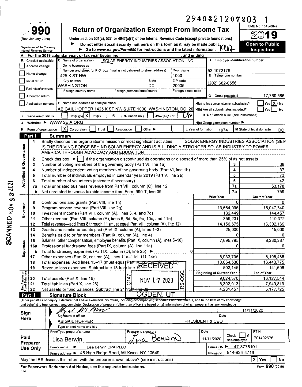 Image of first page of 2019 Form 990O for Solar Energy Industries Association (SEIA)