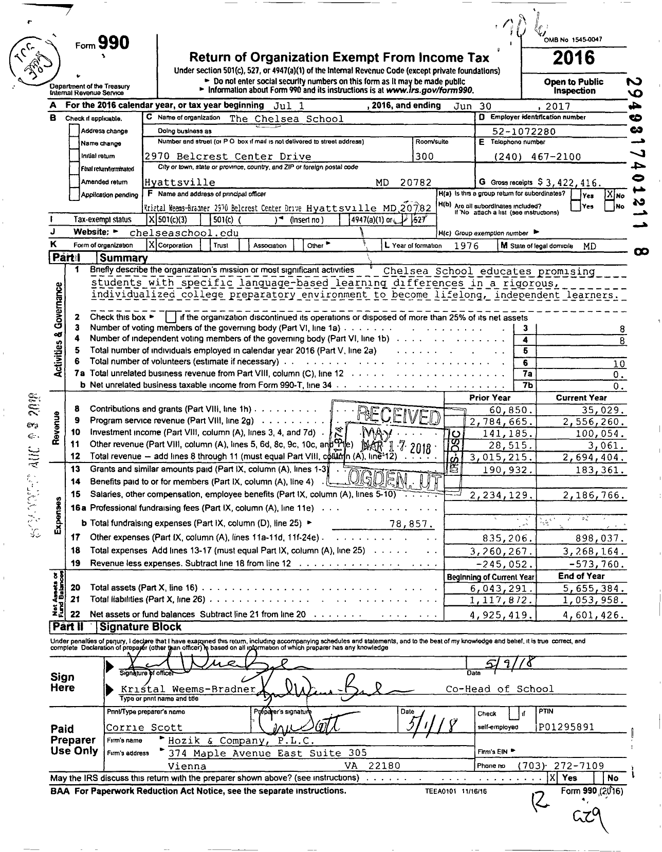 Image of first page of 2016 Form 990 for Chelsea School