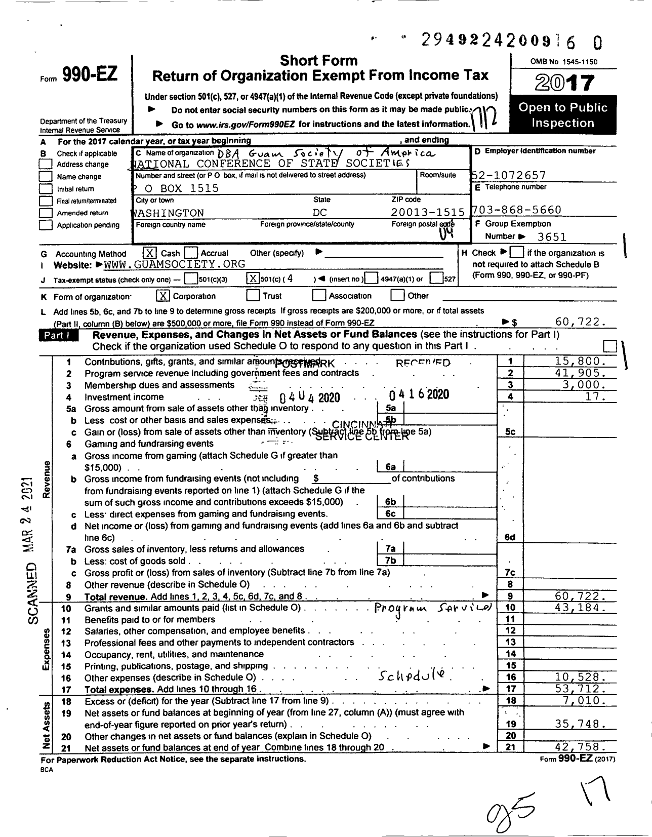 Image of first page of 2017 Form 990EO for Guam Society of America