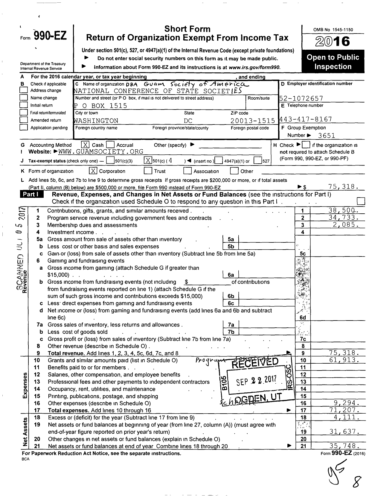 Image of first page of 2016 Form 990EO for Guam Society of America