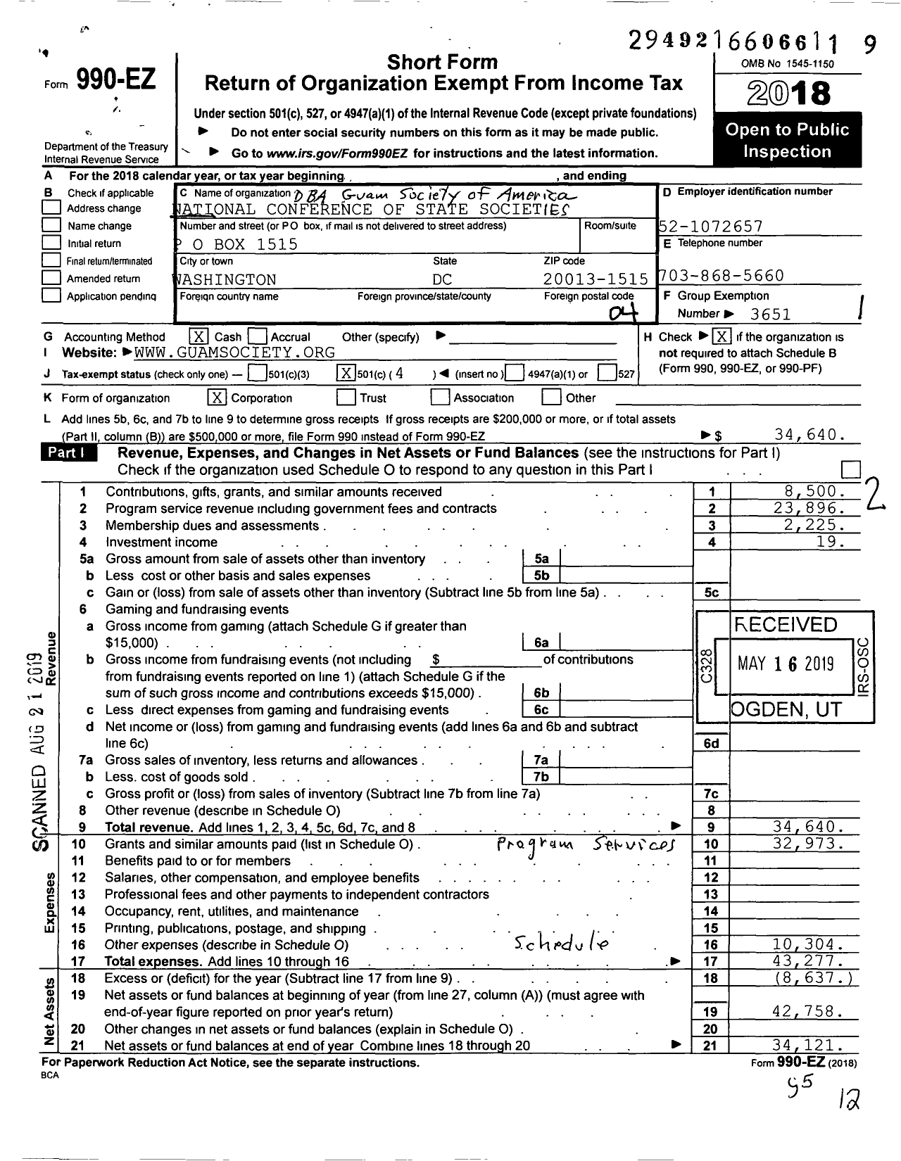 Image of first page of 2018 Form 990EO for Guam Society of America