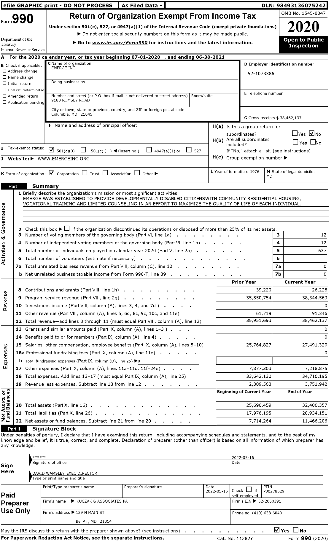 Image of first page of 2020 Form 990 for Emerge