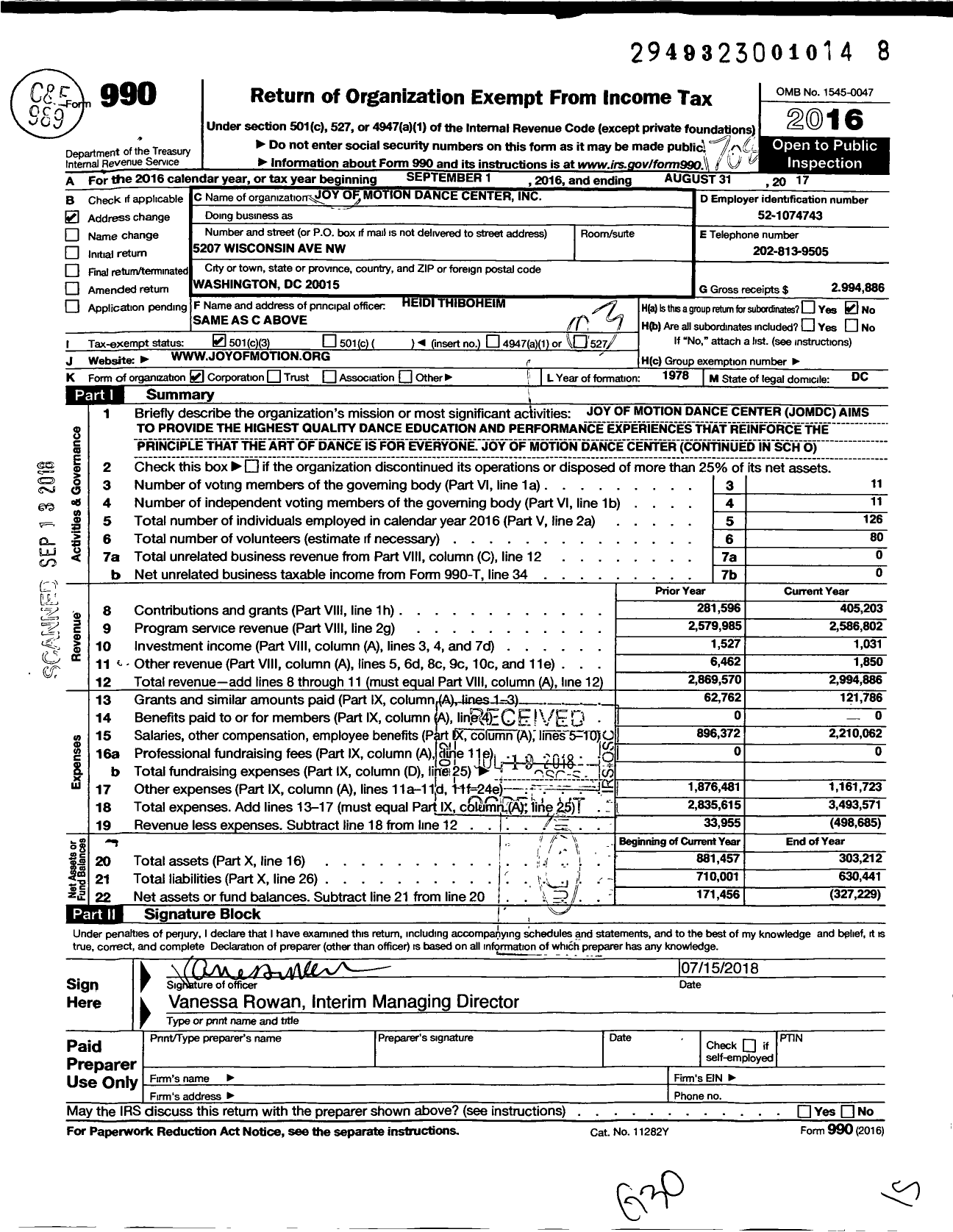 Image of first page of 2016 Form 990 for Joy of Motion Dance Center (JOMDC)