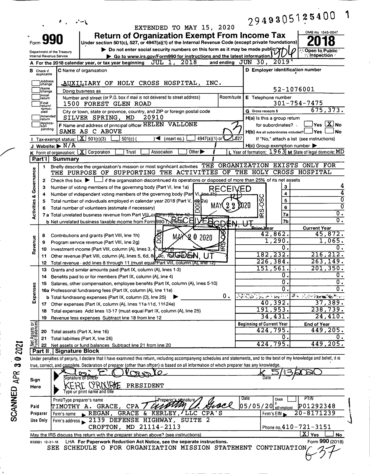 Image of first page of 2018 Form 990 for Auxiliary of Holy Cross Hospital