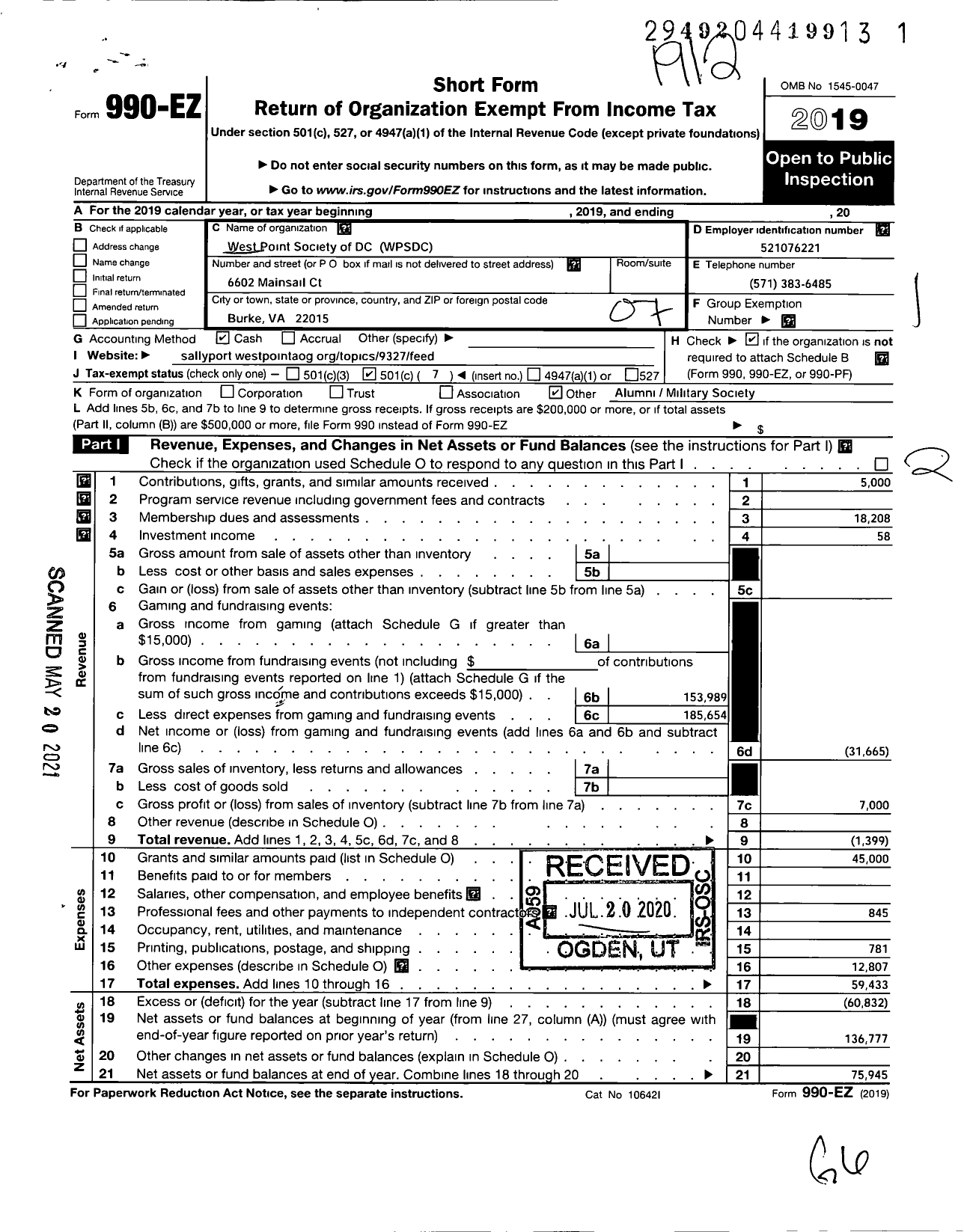 Image of first page of 2019 Form 990EO for West Point Society of the District of Columbia