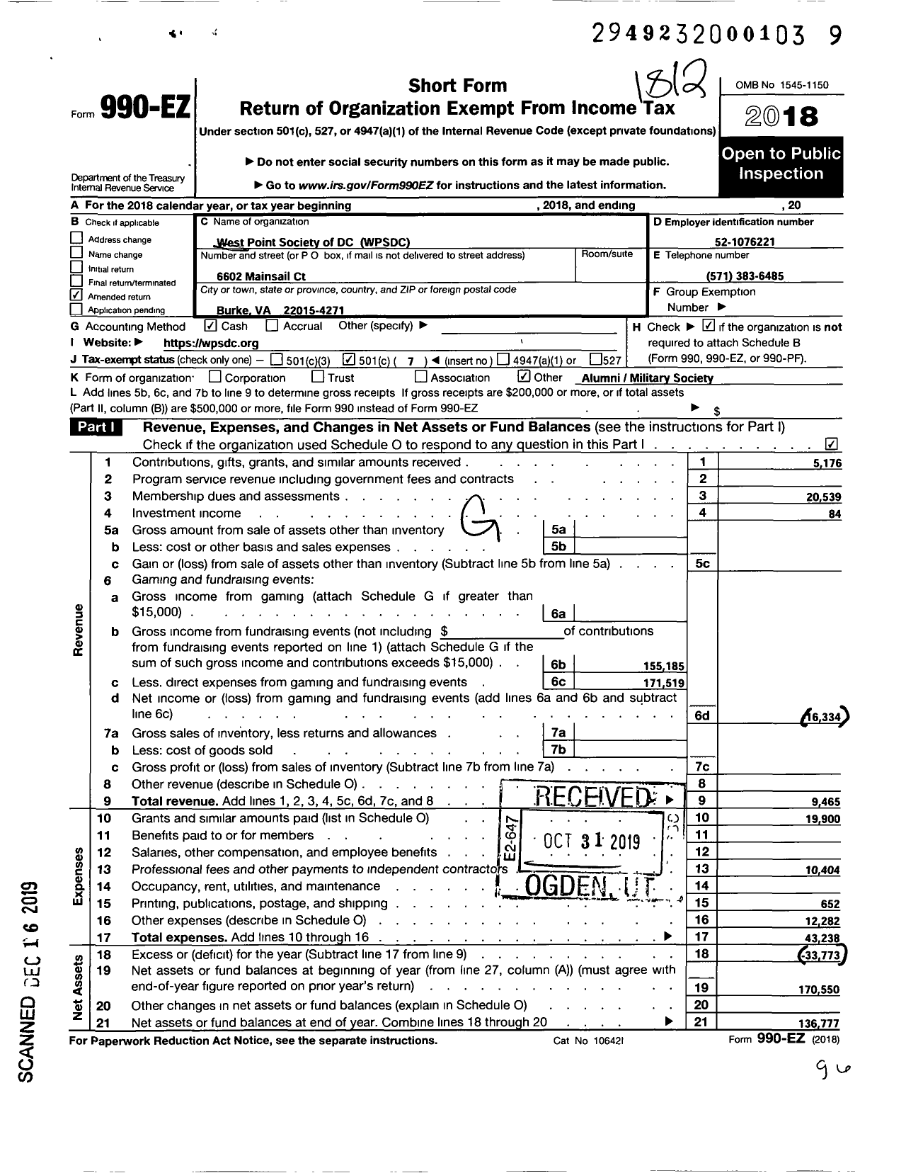 Image of first page of 2018 Form 990EO for West Point Society of the District of Columbia