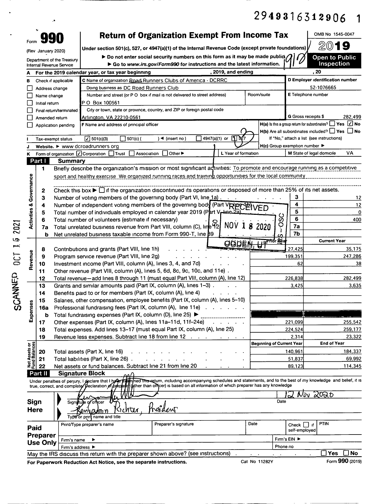 Image of first page of 2019 Form 990 for Road Runners Club of America