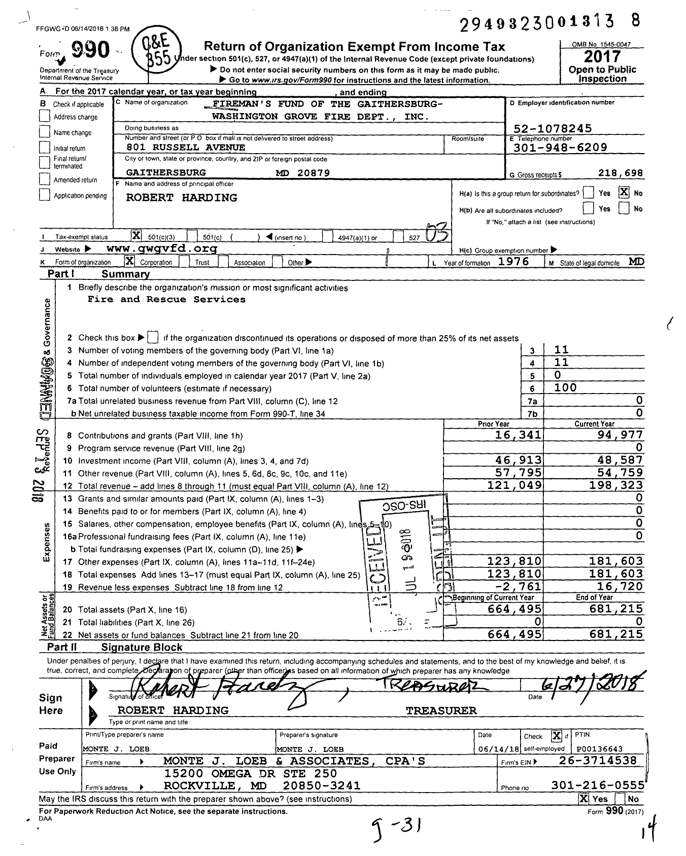 Image of first page of 2017 Form 990 for Fireman's Fund of the Gaithersburg- Washington Grove Fire Dept