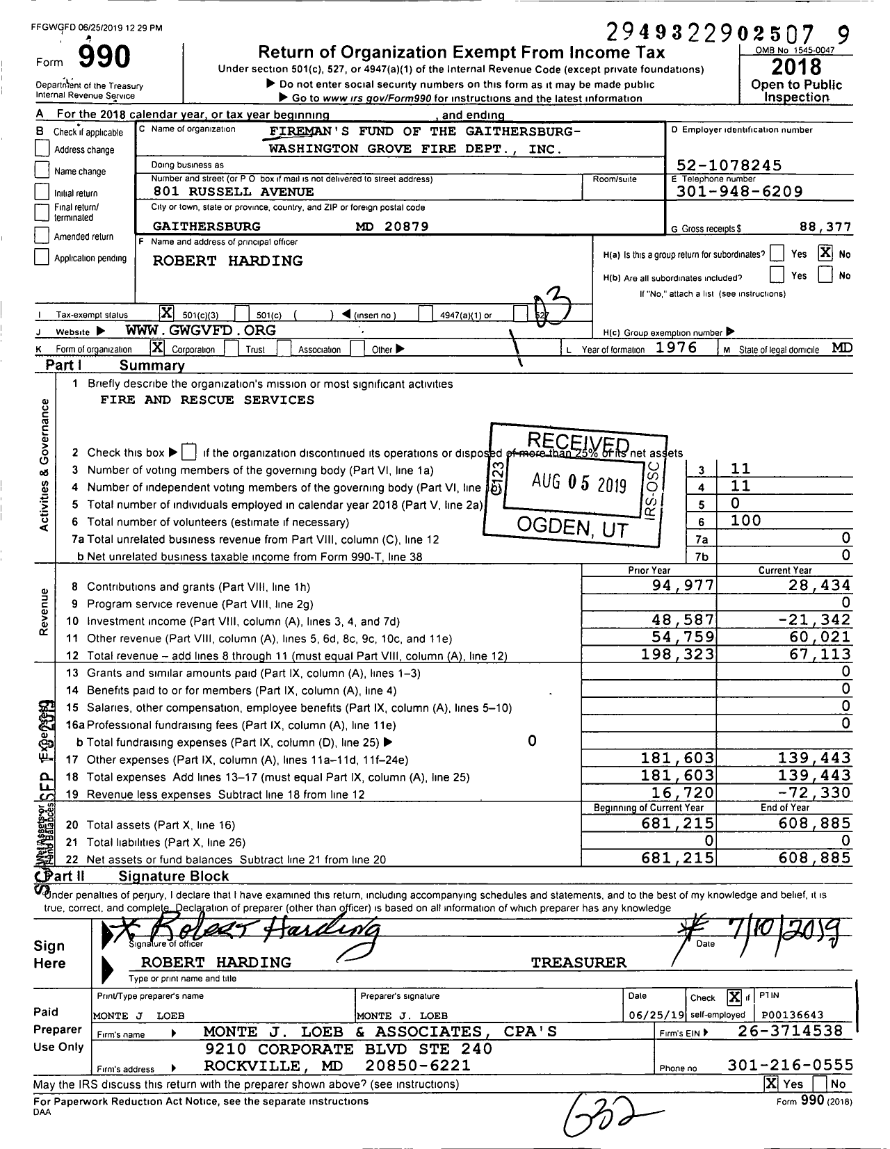 Image of first page of 2018 Form 990 for Fireman's Fund of the Gaithersburg- Washington Grove Fire Dept