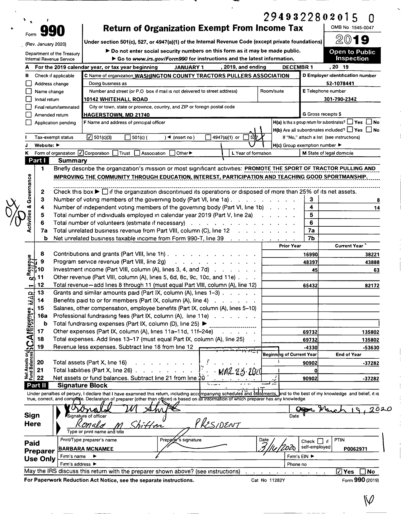 Image of first page of 2019 Form 990O for Washington Cty Tractor Pullers