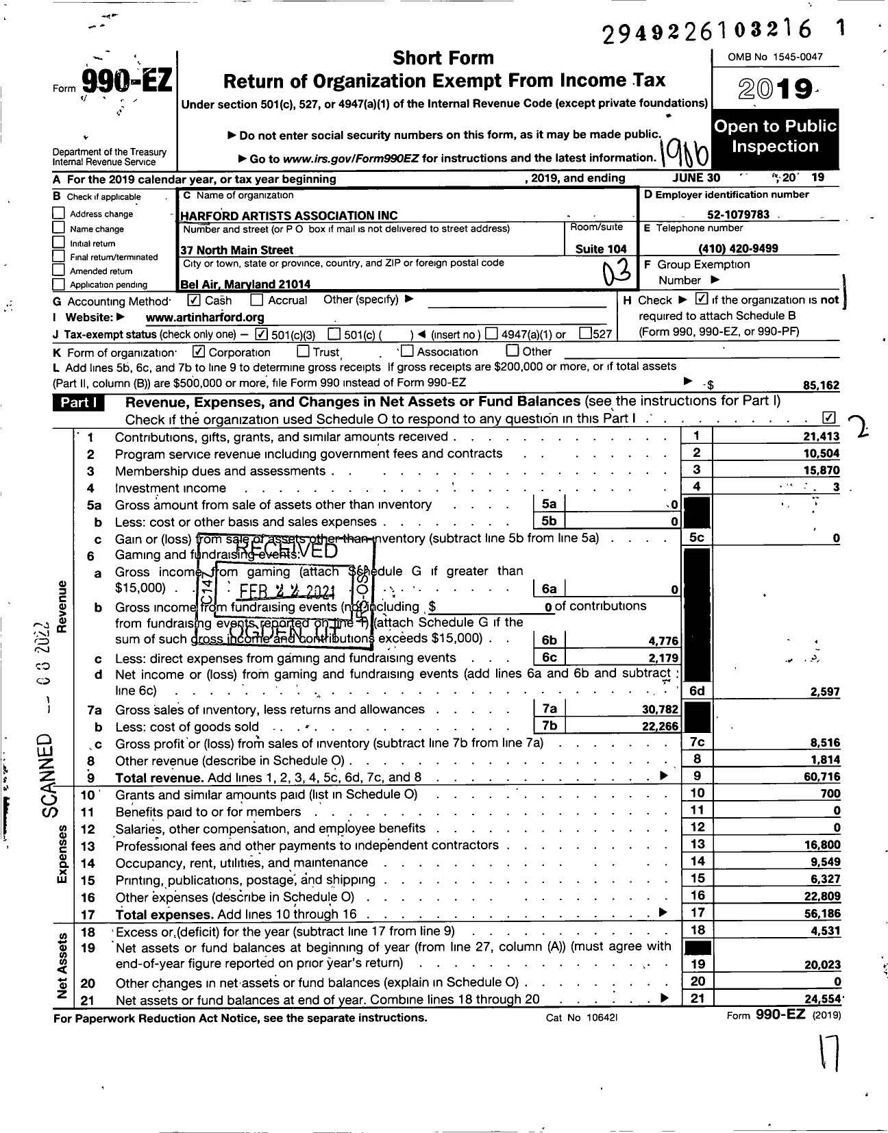 Image of first page of 2018 Form 990EZ for Harford Artists Association