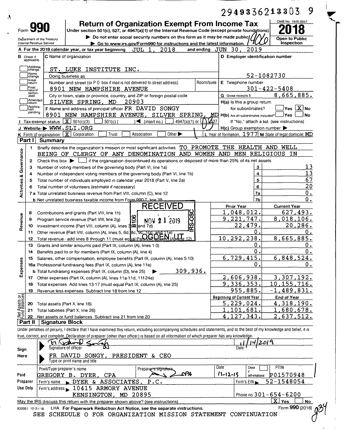 Image of first page of 2018 Form 990 for Saint Luke Institute (SLI)