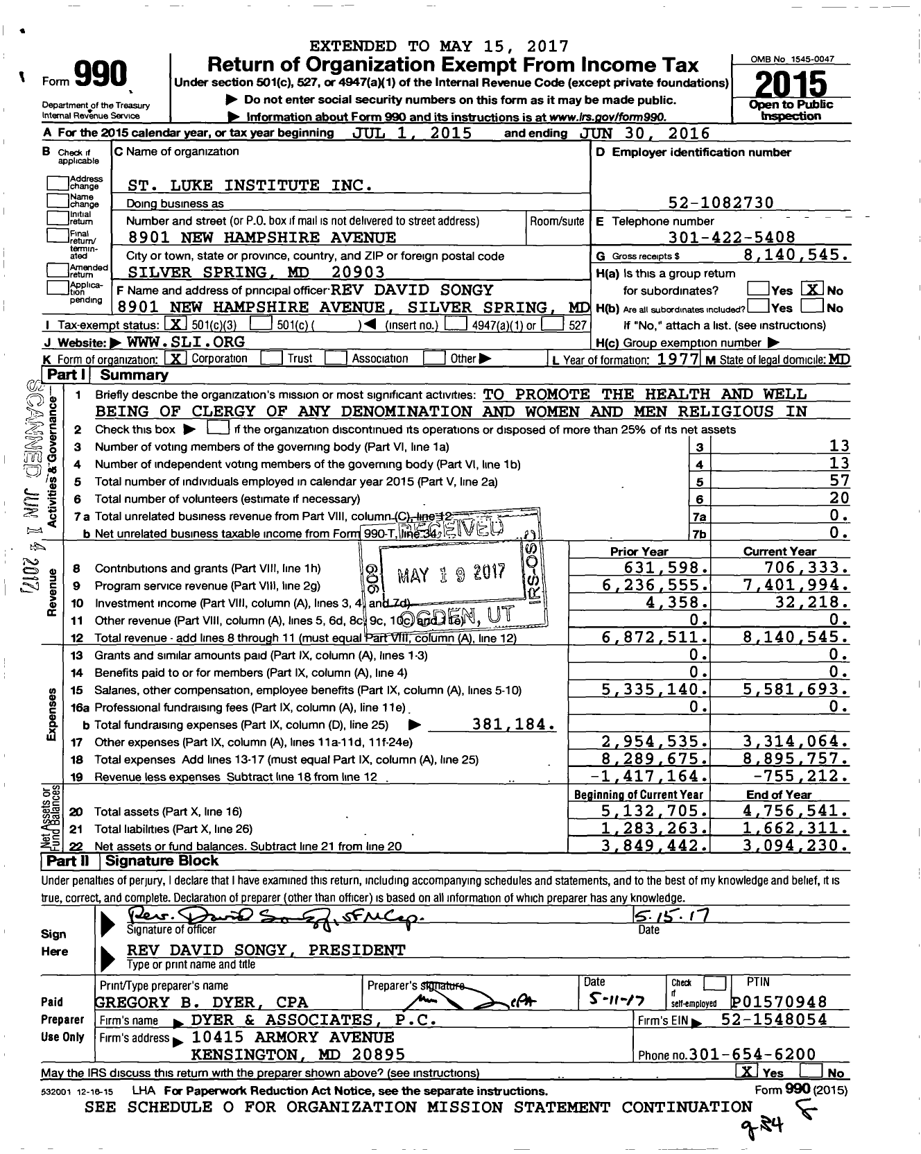 Image of first page of 2015 Form 990 for Saint Luke Institute (SLI)