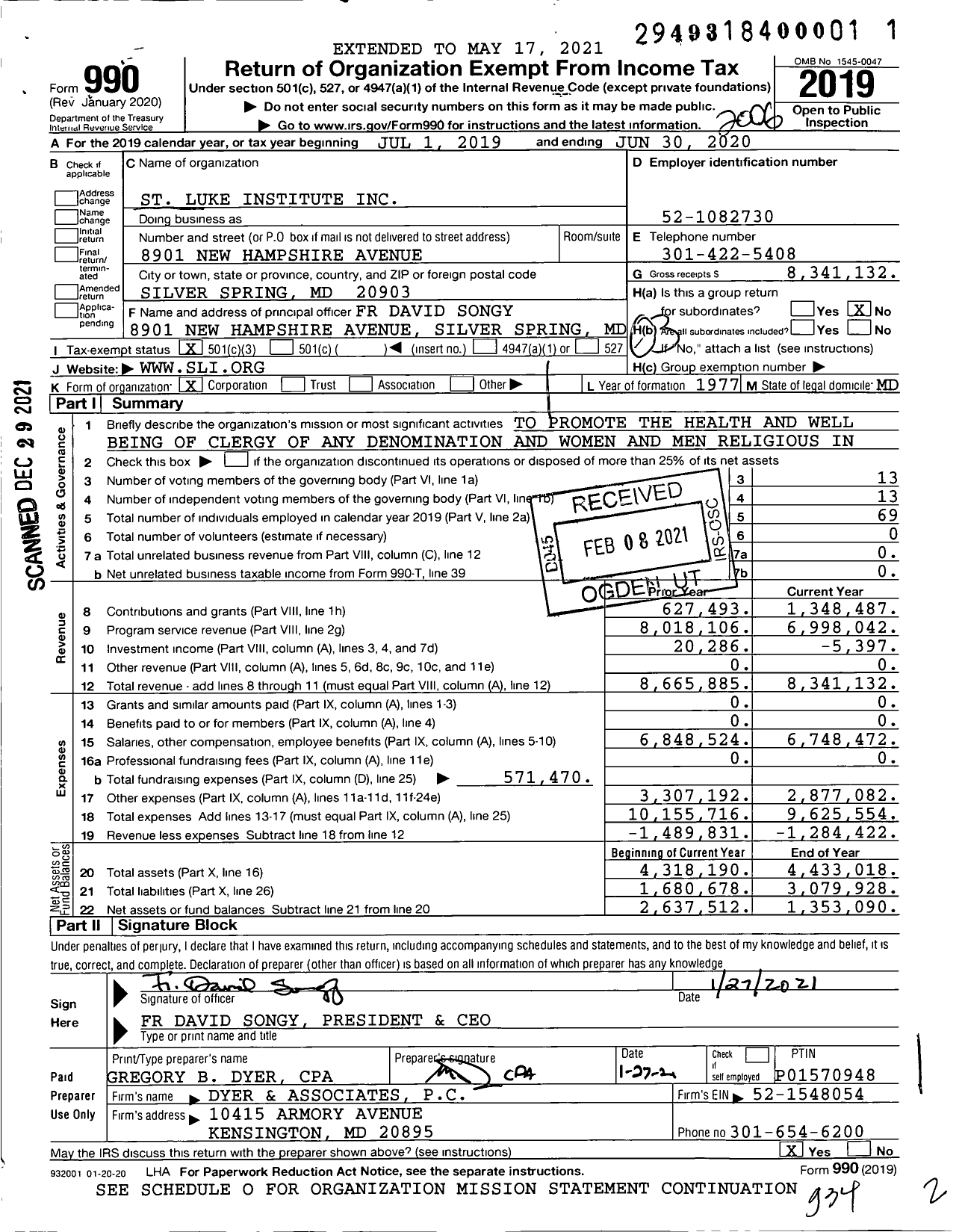 Image of first page of 2019 Form 990 for Saint Luke Institute (SLI)