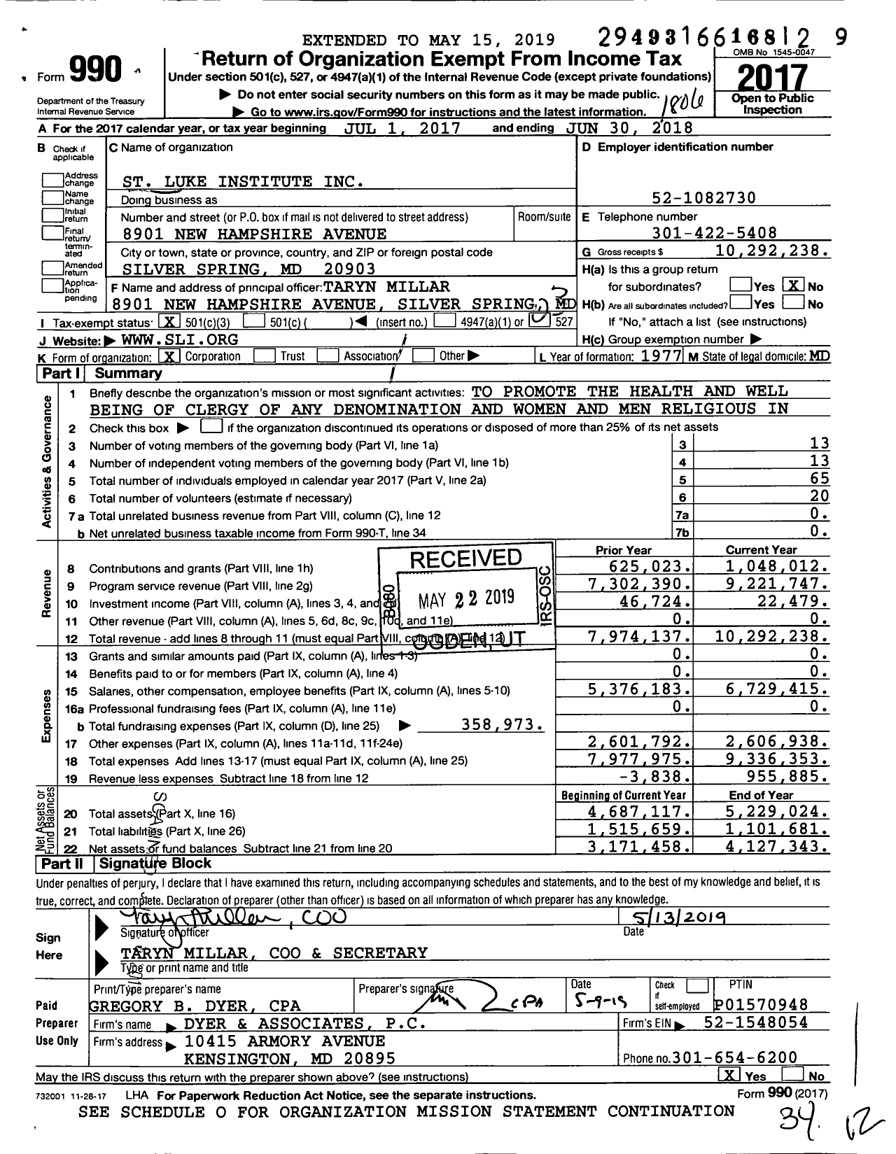 Image of first page of 2017 Form 990 for Saint Luke Institute (SLI)