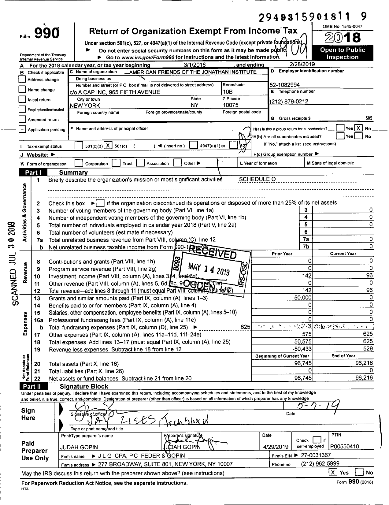 Image of first page of 2018 Form 990 for American Friends of the Jonathan Institute