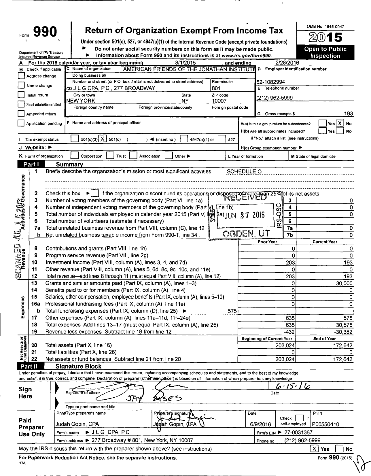 Image of first page of 2015 Form 990O for American Friends of the Jonathan Institute