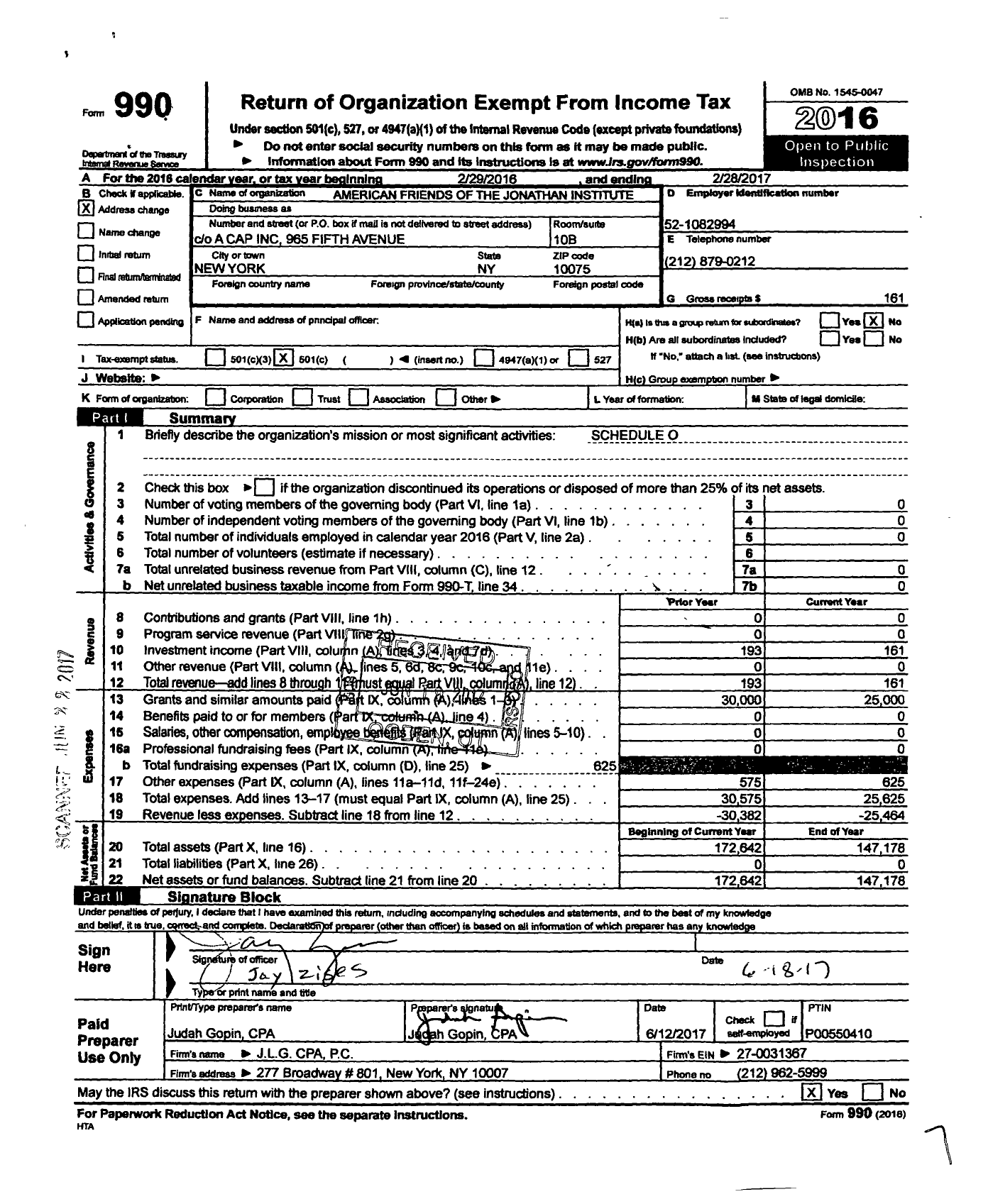 Image of first page of 2016 Form 990O for American Friends of the Jonathan Institute