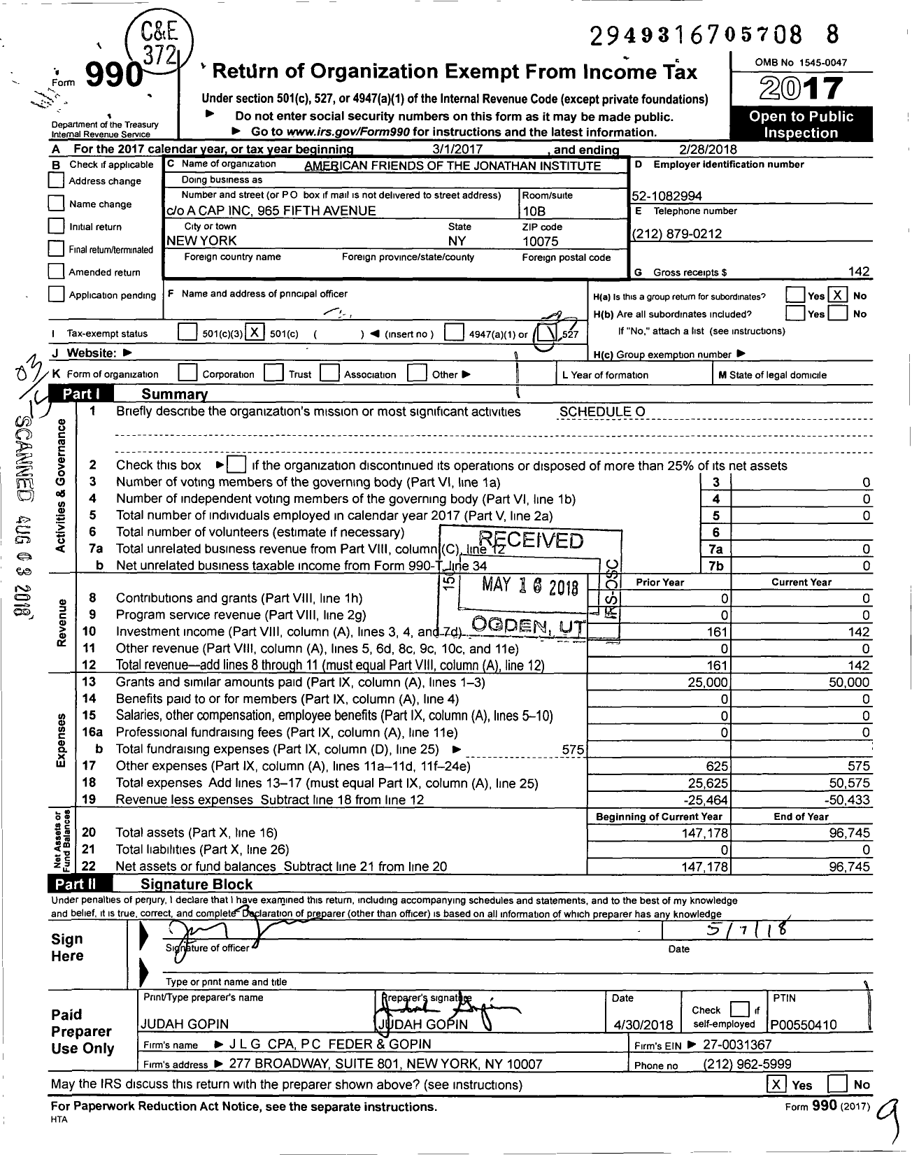 Image of first page of 2017 Form 990 for American Friends of the Jonathan Institute