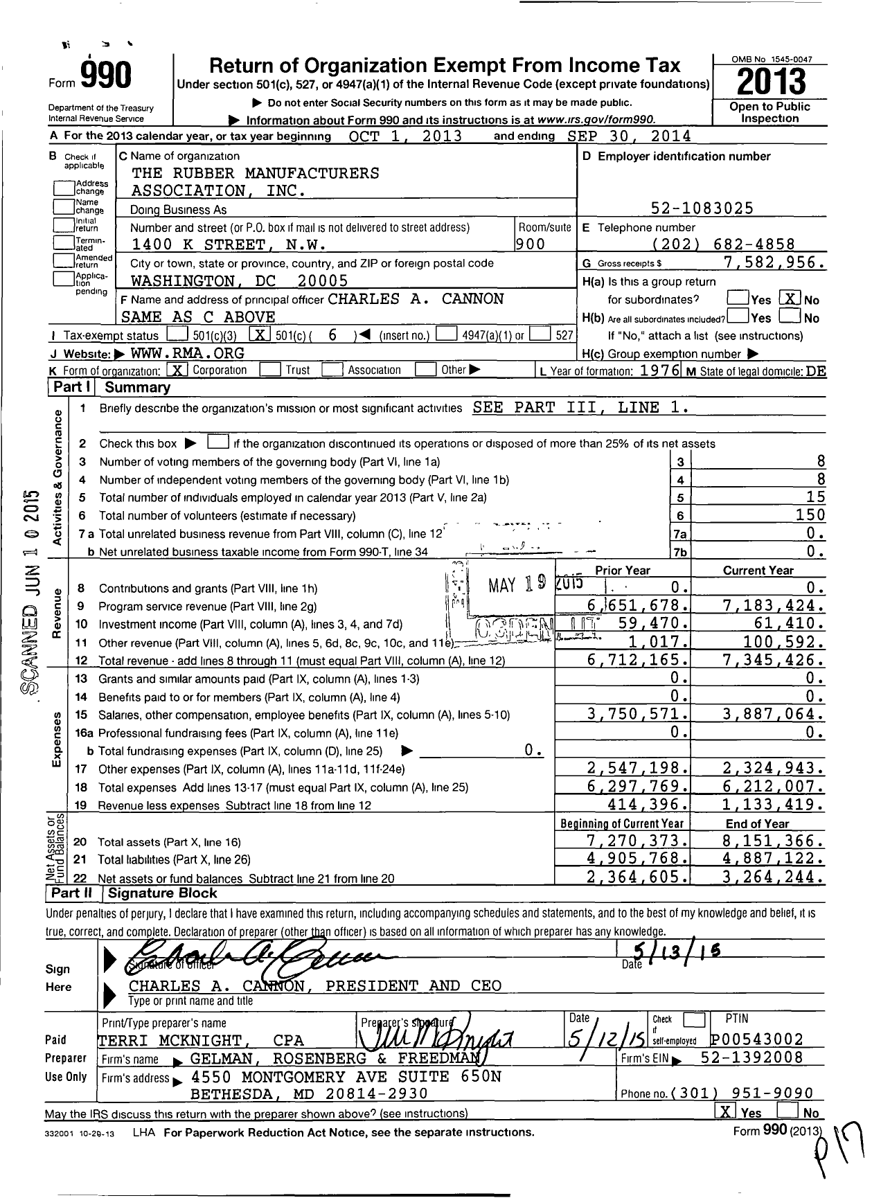Image of first page of 2013 Form 990O for U.S. Tire Manufacturers Association (USTMA)