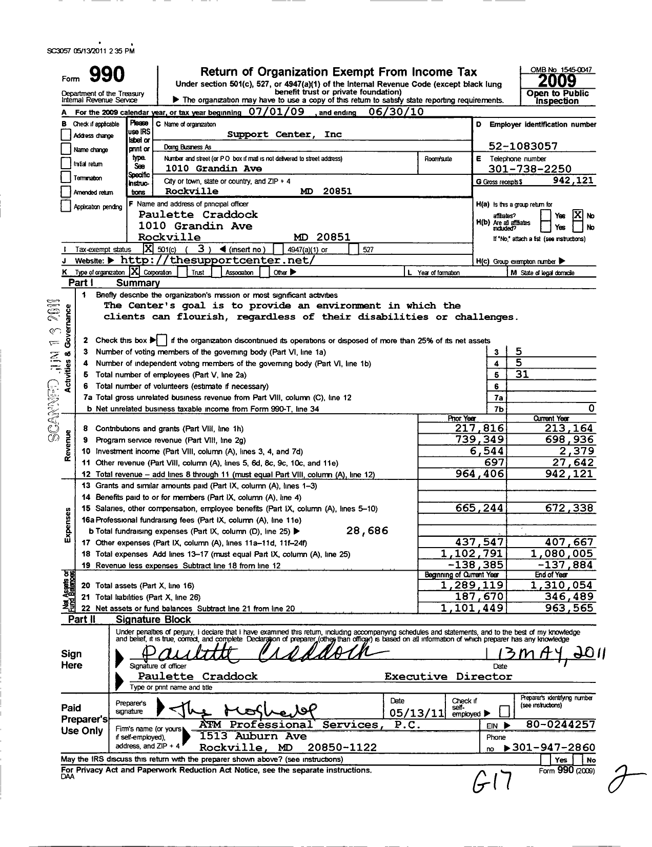 Image of first page of 2009 Form 990 for Support Center