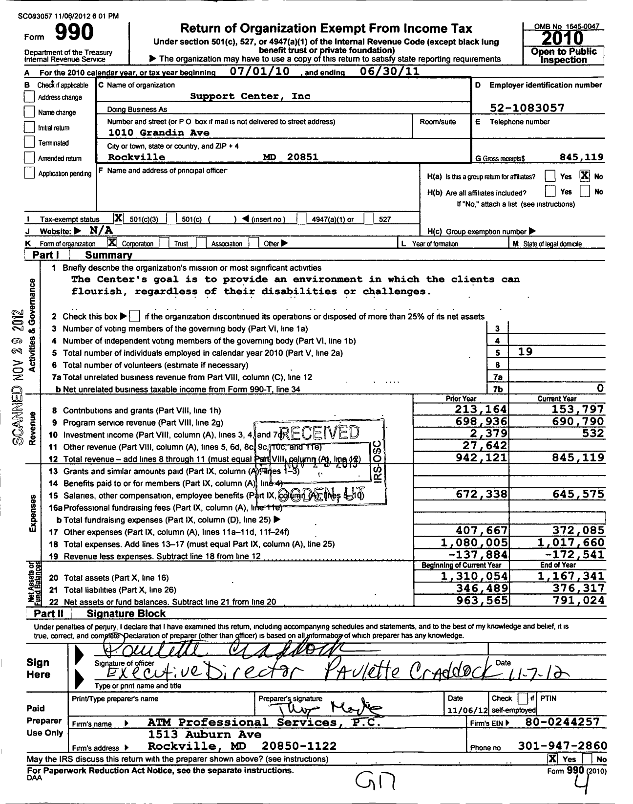 Image of first page of 2010 Form 990 for Support Center
