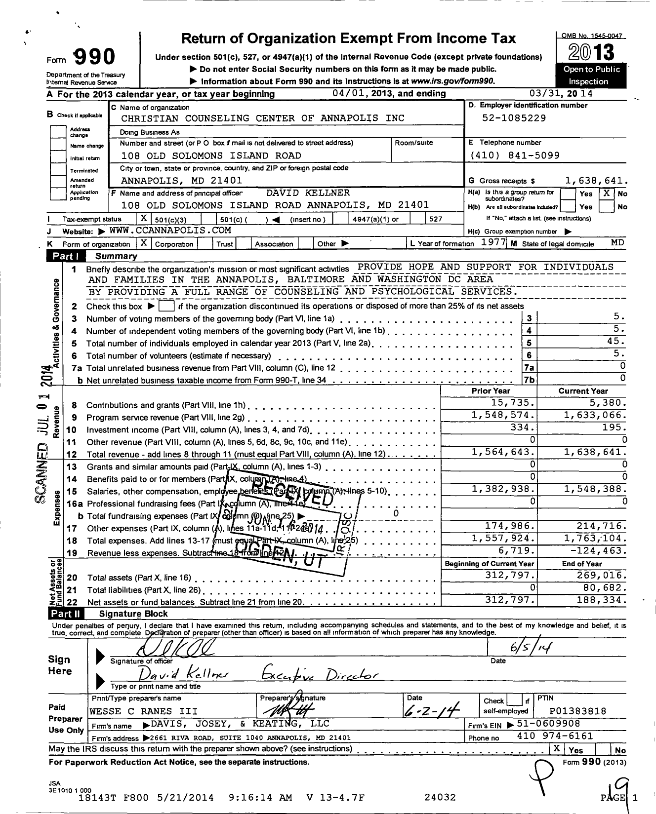 Image of first page of 2013 Form 990 for Christian Counseling Center of Annapolis Incorporated