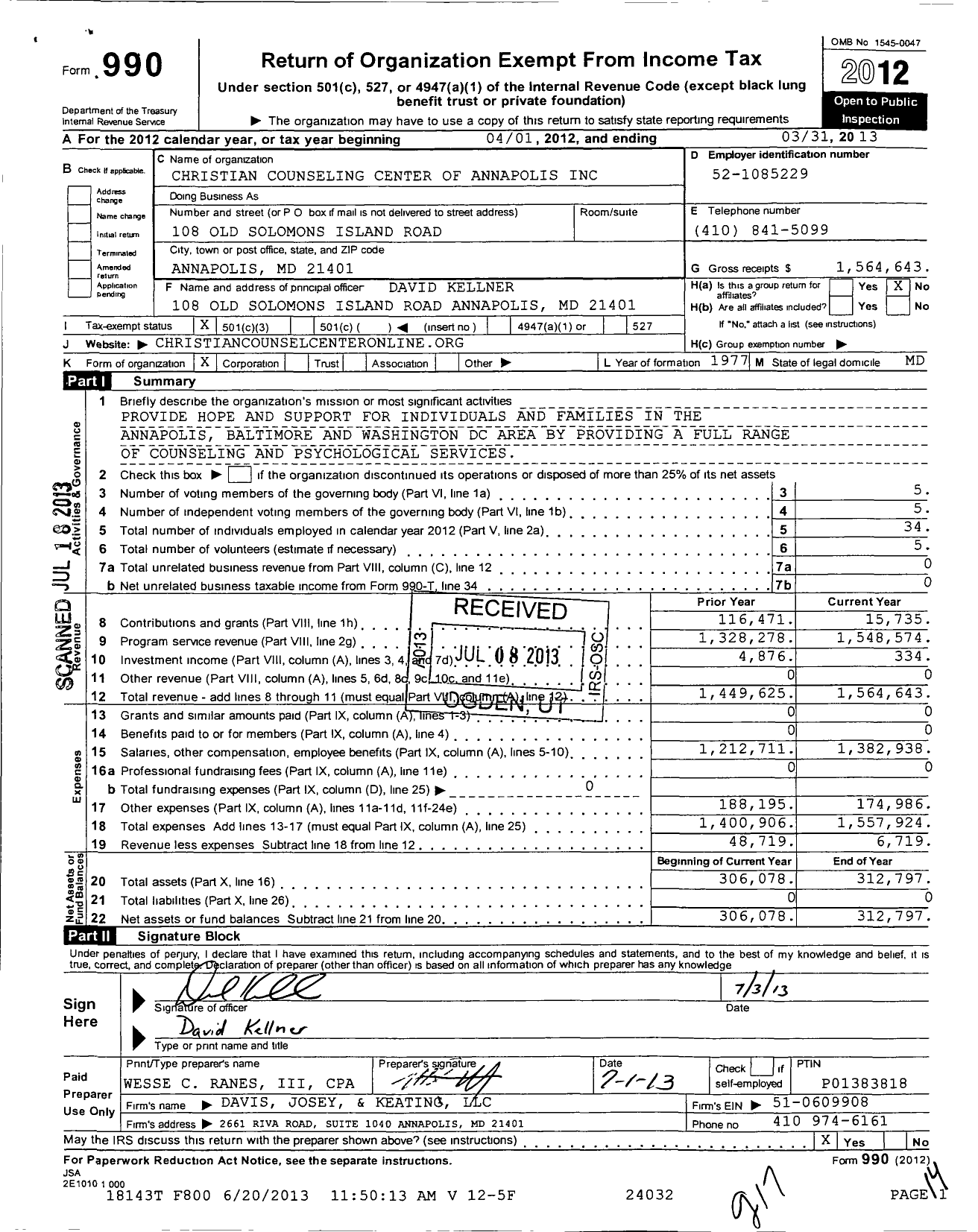 Image of first page of 2012 Form 990 for Christian Counseling Center of Annapolis Incorporated