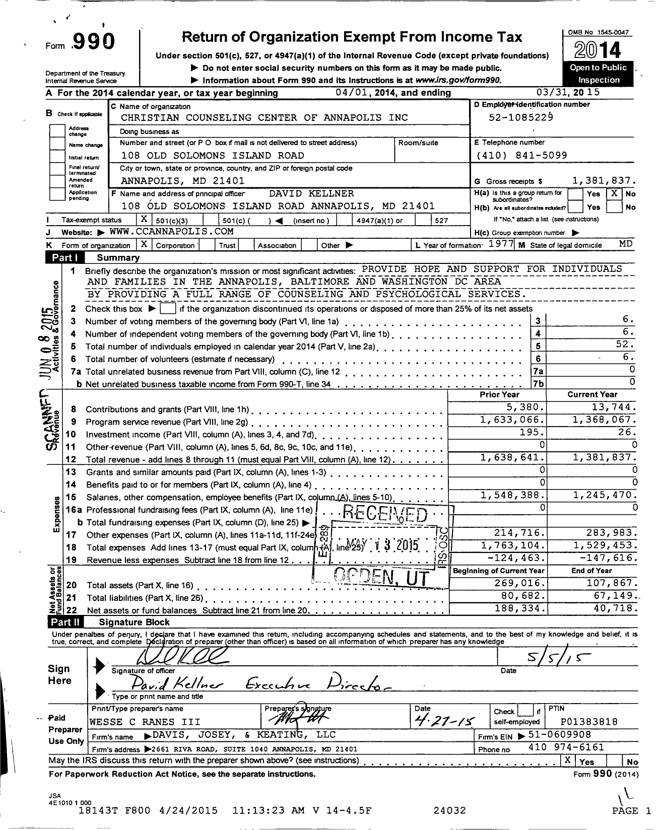 Image of first page of 2014 Form 990 for Christian Counseling Center of Annapolis Incorporated