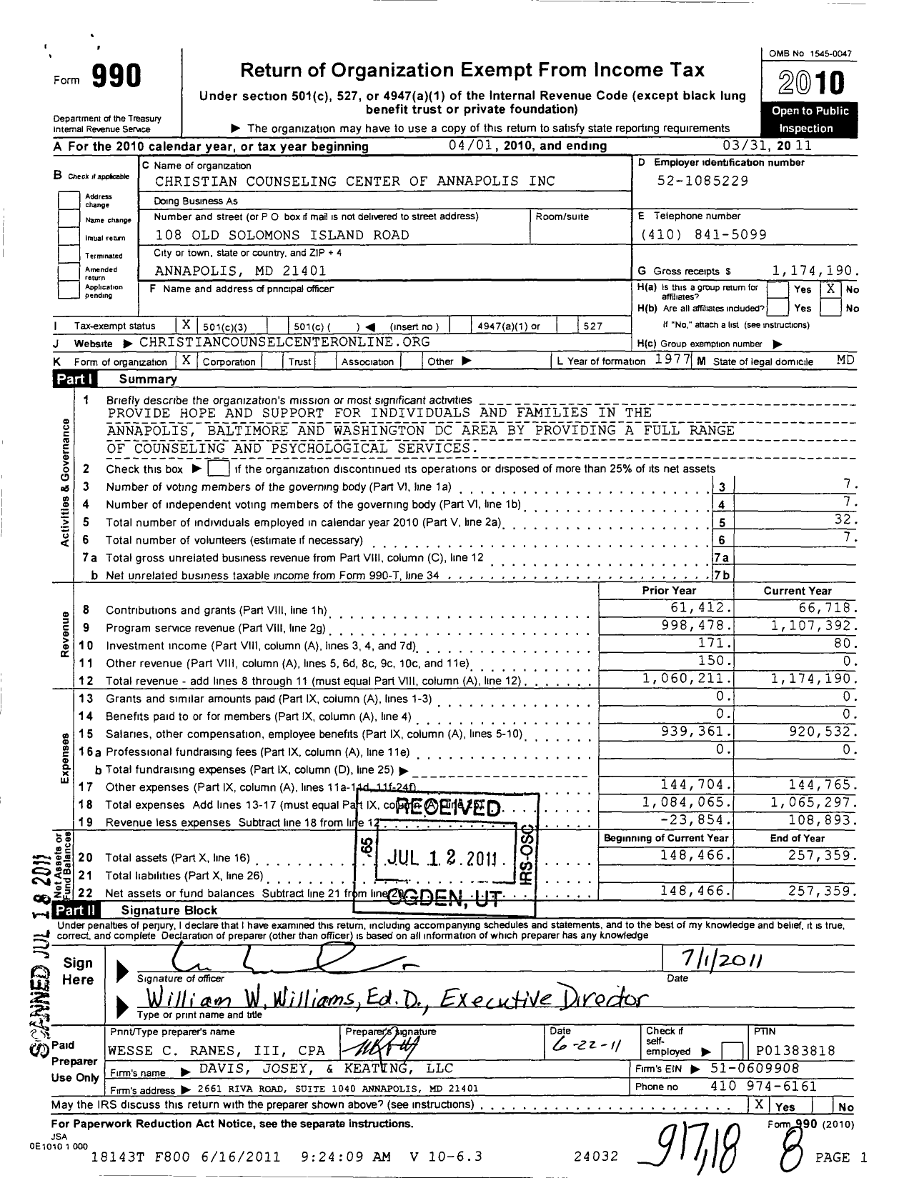 Image of first page of 2010 Form 990 for Christian Counseling Center of Annapolis Incorporated