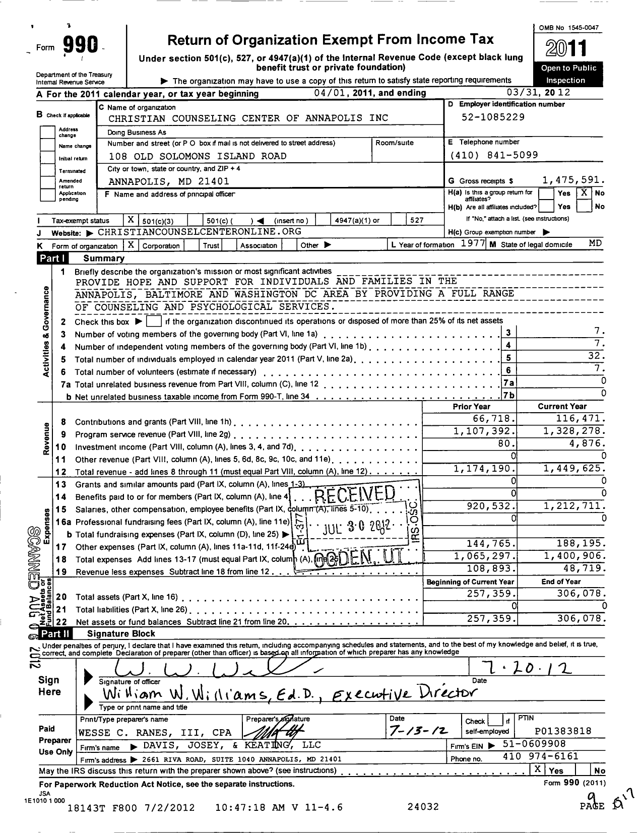 Image of first page of 2011 Form 990 for Christian Counseling Center of Annapolis Incorporated