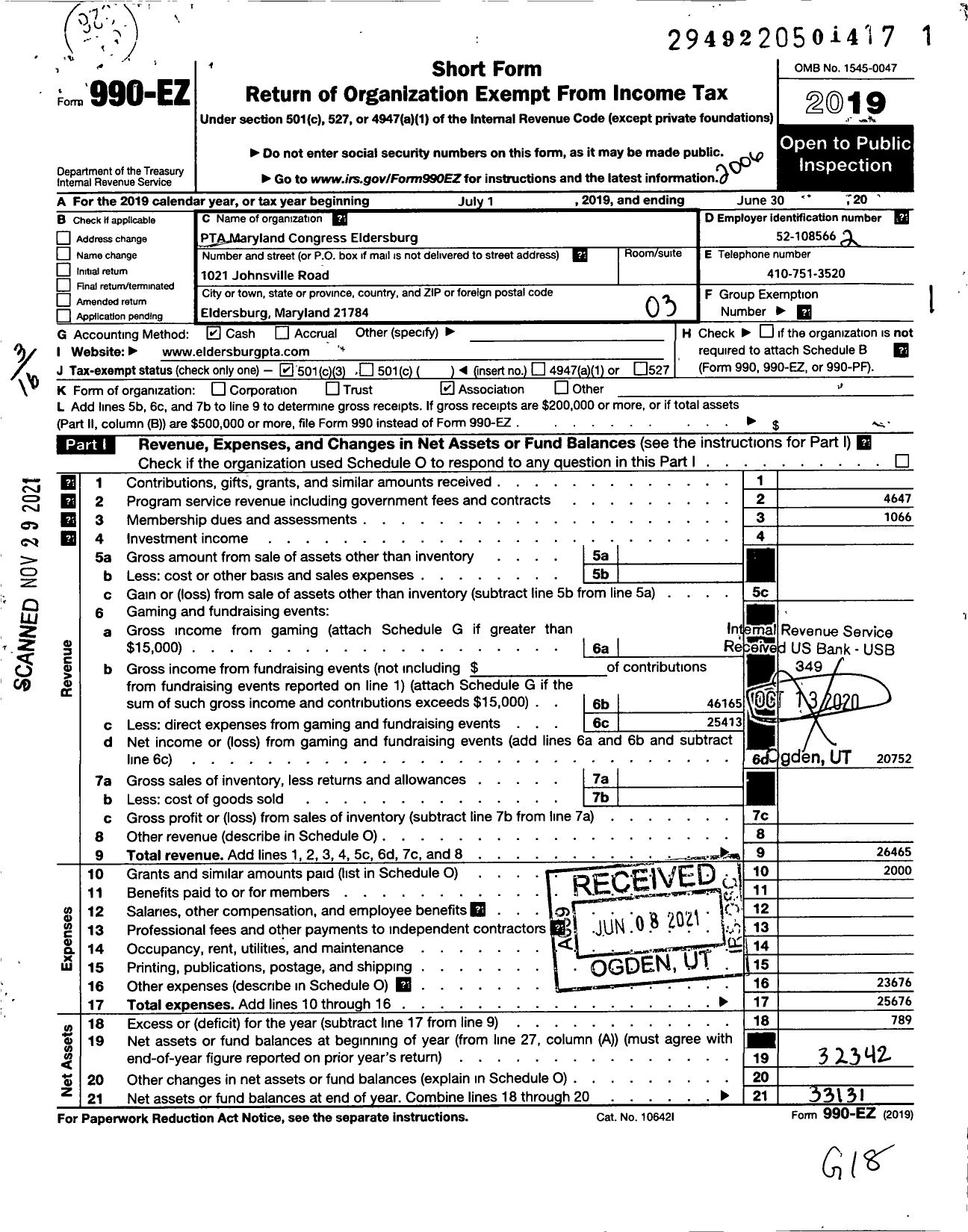 Image of first page of 2019 Form 990EZ for PTA Maryland Congress of Parent and Teachers / Eldersburg Elementary PTA