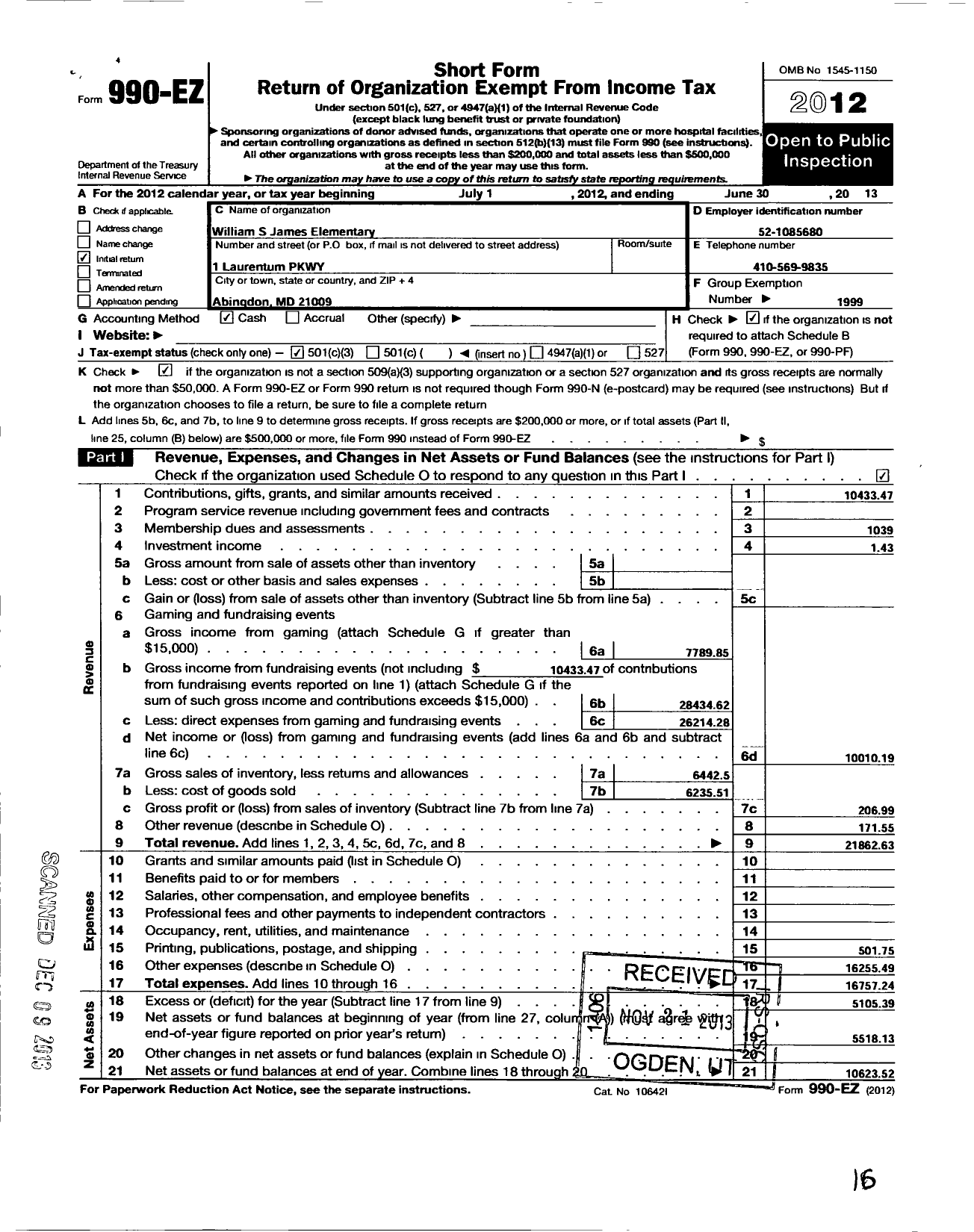 Image of first page of 2012 Form 990EZ for PTA Delaware Congress / William S James Elem School PTA