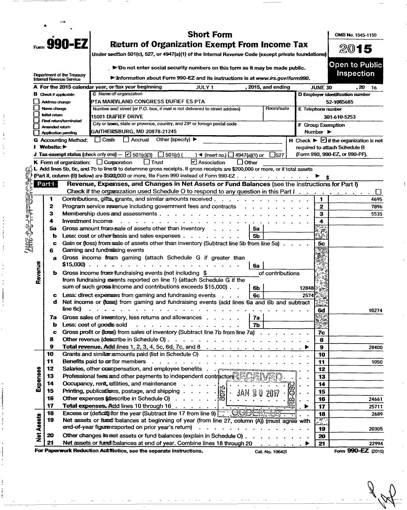 Image of first page of 2015 Form 990EZ for PTA Maryland Congress / Dufief Elementary