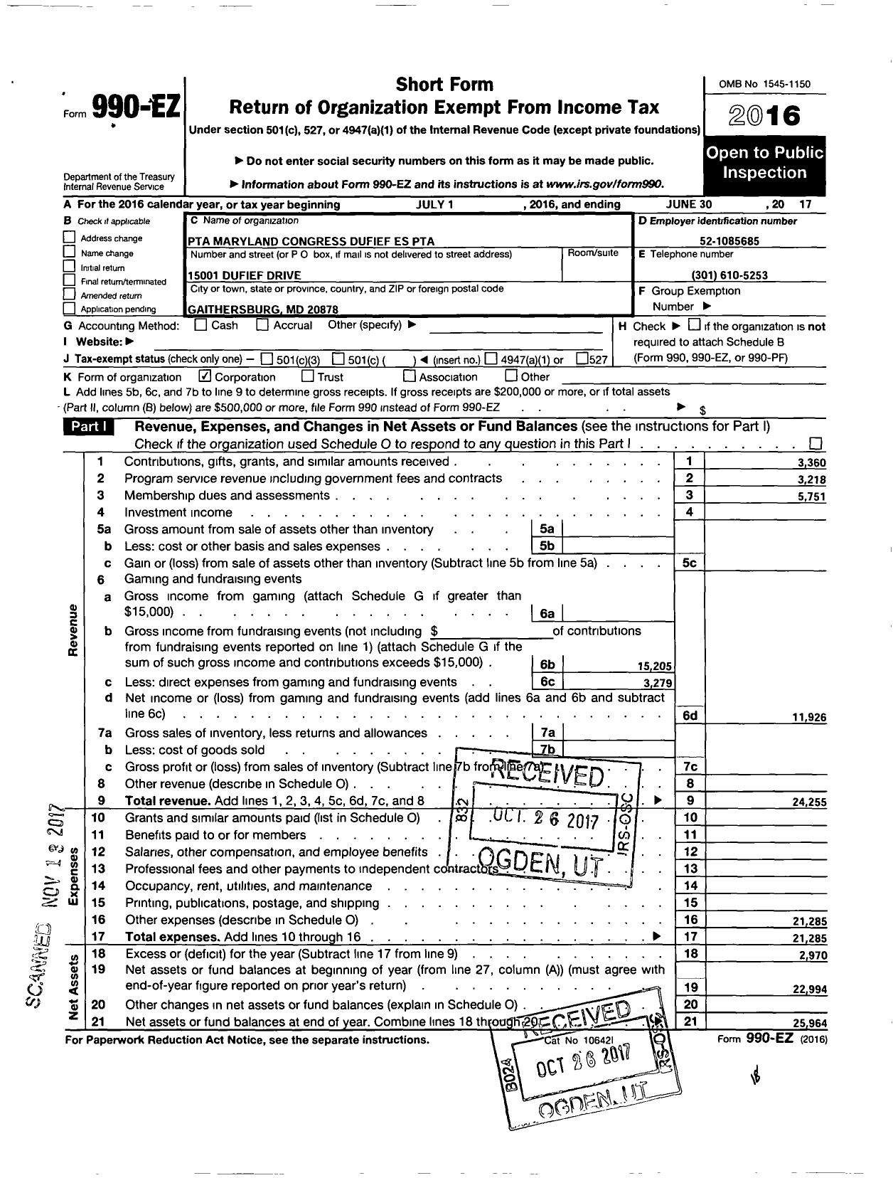 Image of first page of 2016 Form 990EO for PTA Maryland Congress / Dufief Elementary