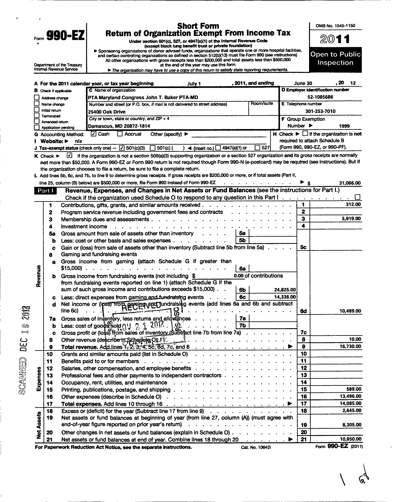 Image of first page of 2011 Form 990EZ for PTA Maryland Congress of Parent and Teachers / John T Baker Middle School PTA