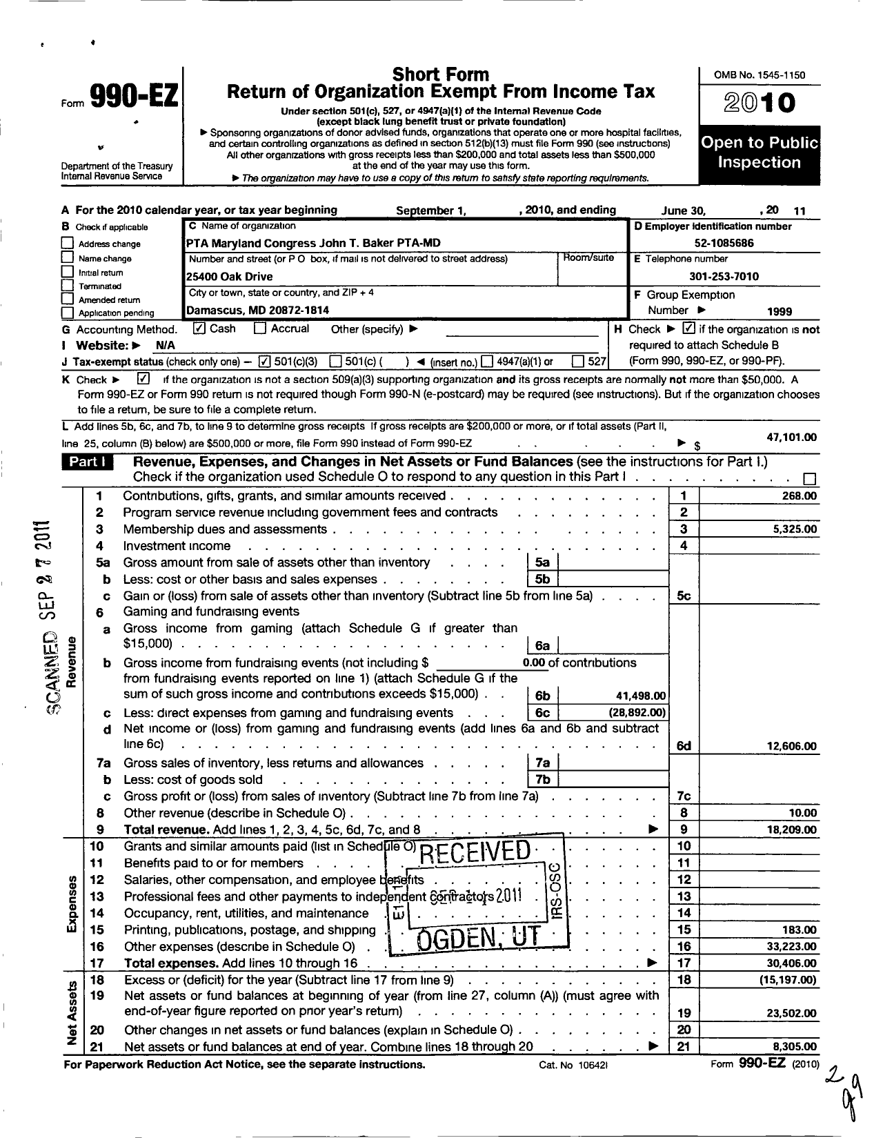 Image of first page of 2010 Form 990EZ for PTA Maryland Congress of Parent and Teachers / John T Baker Middle School PTA