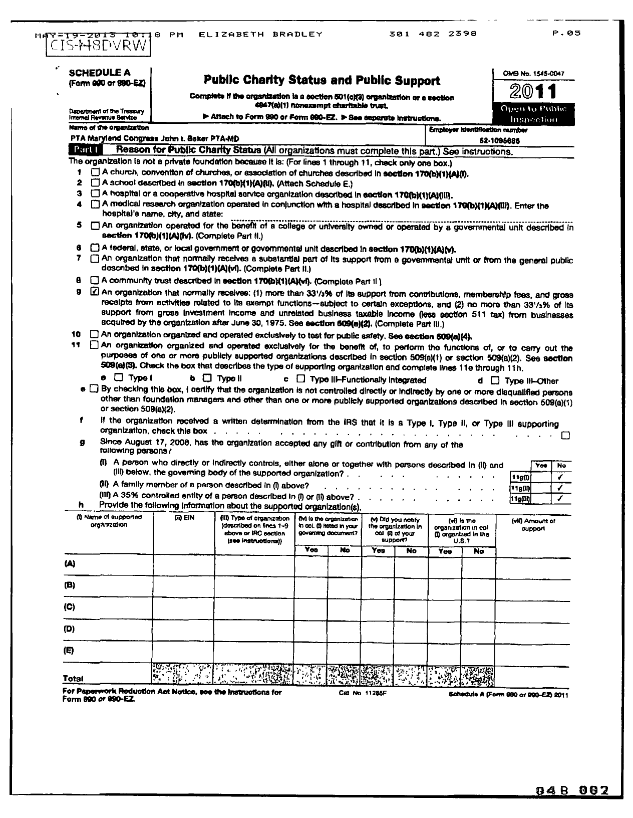 Image of first page of 2011 Form 990ER for PTA Maryland Congress of Parent and Teachers / John T Baker Middle School PTA